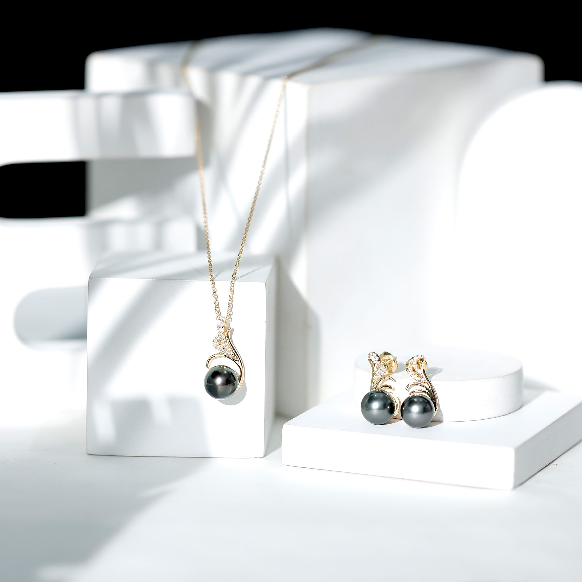 Designer Tahitian Black Pearl Necklace and Earrings Set with Diamond AAA - Rosec Jewels