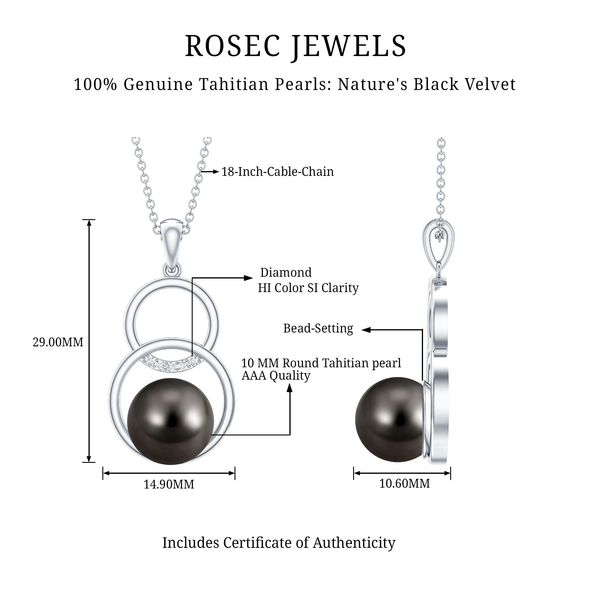 Handpicked Black Pearl Circle Necklace with Diamond AAA - Rosec Jewels