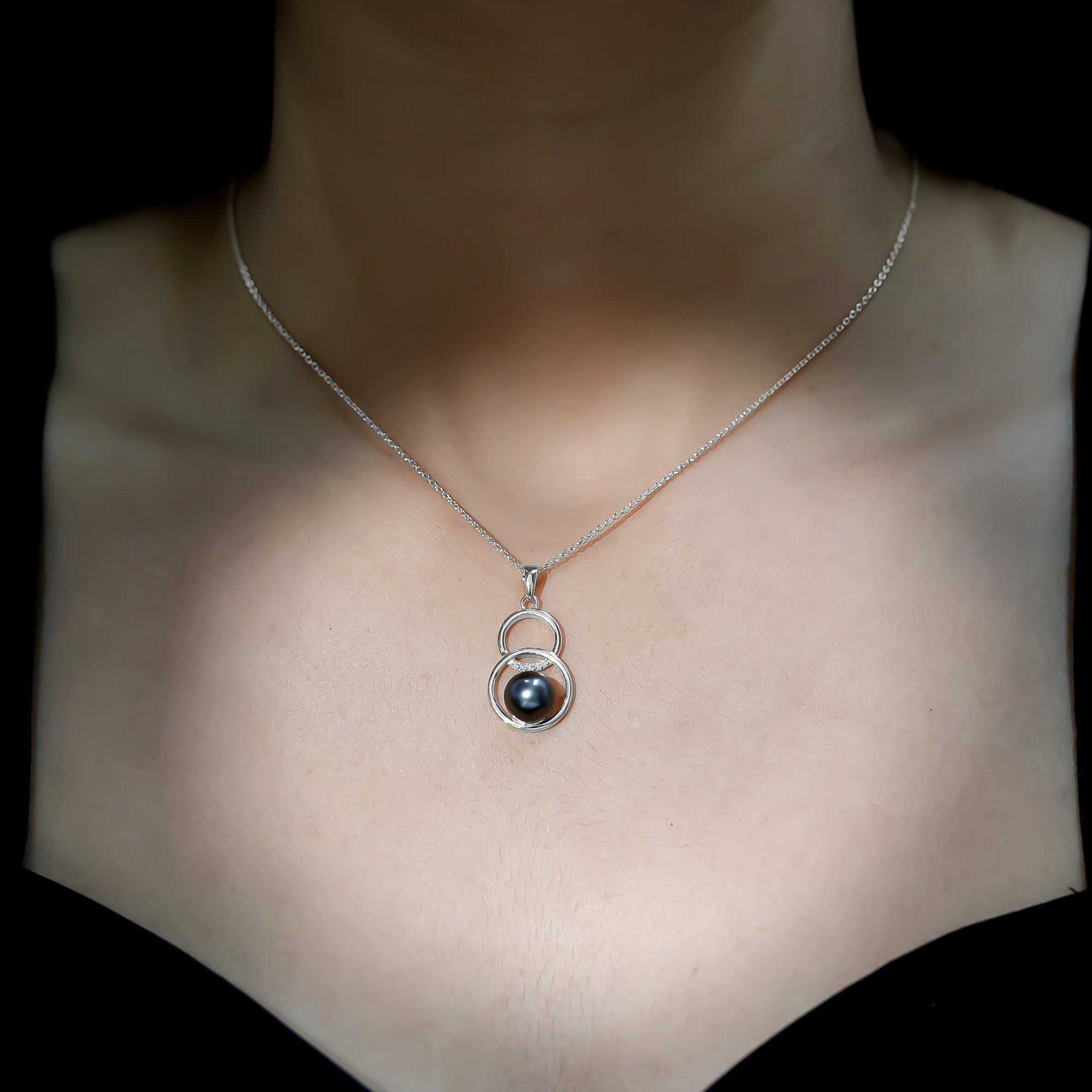 Handpicked Black Pearl Circle Necklace with Diamond AAA - Rosec Jewels