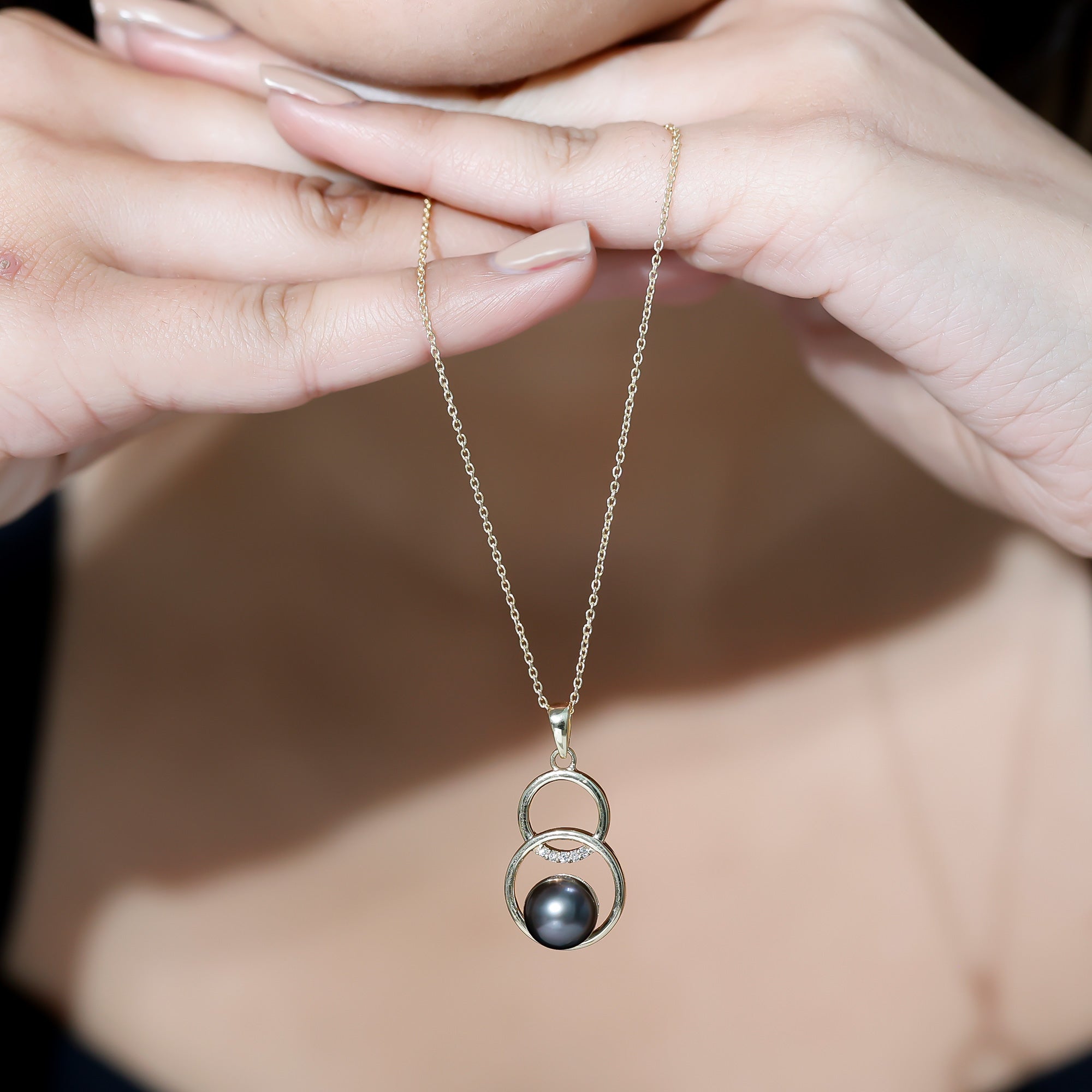 Handpicked Black Pearl Circle Necklace with Diamond AAA - Rosec Jewels