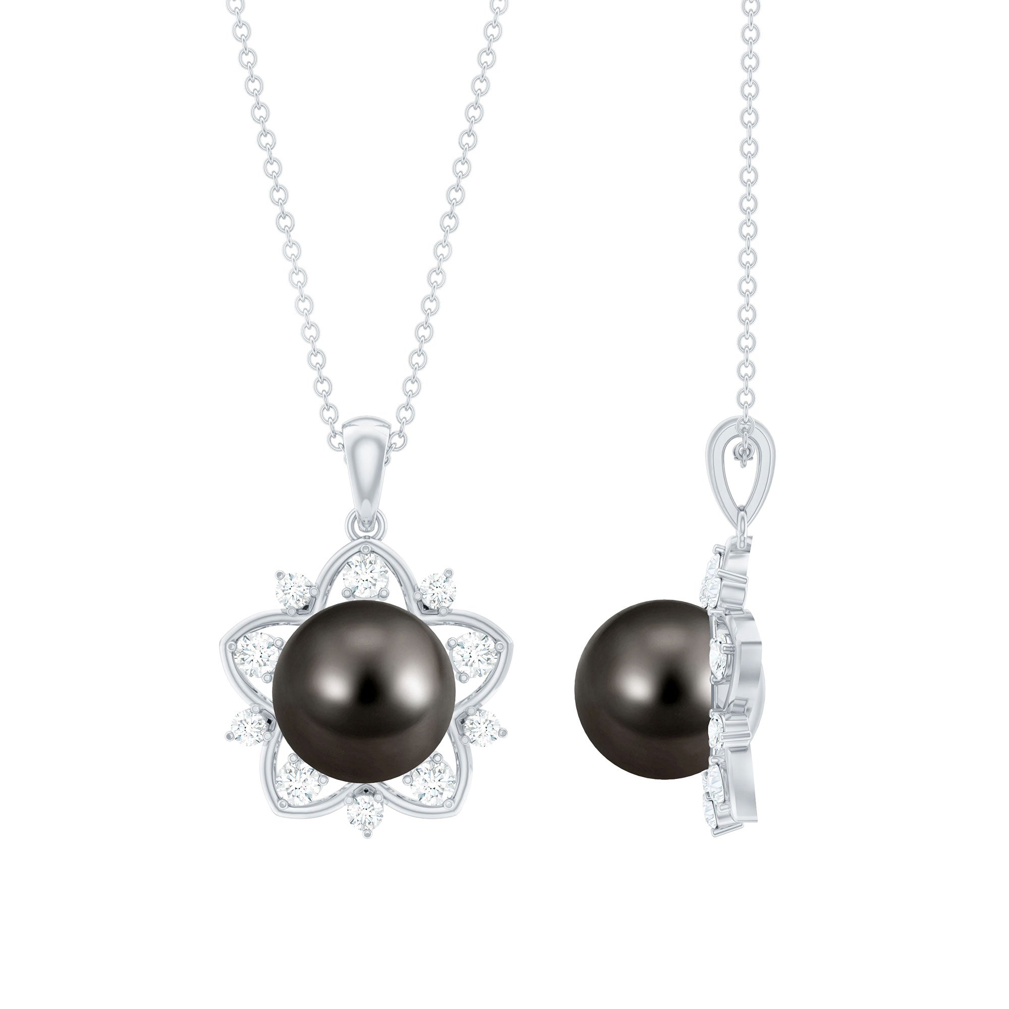 Real Tahitian Pearl and Diamond Star Pendant Necklace