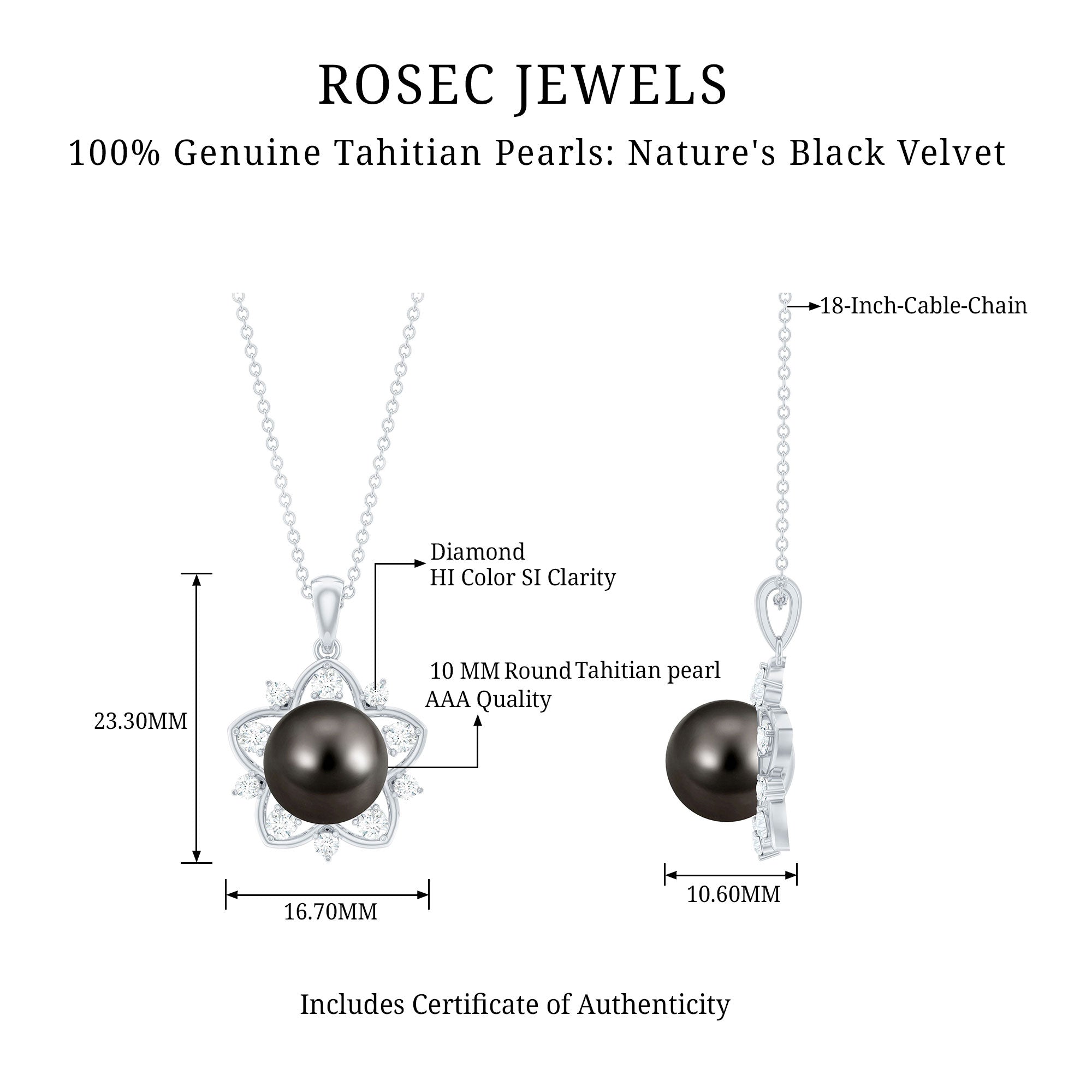 Real Tahitian Pearl and Diamond Star Pendant Necklace With Chain AAA - Rosec Jewels