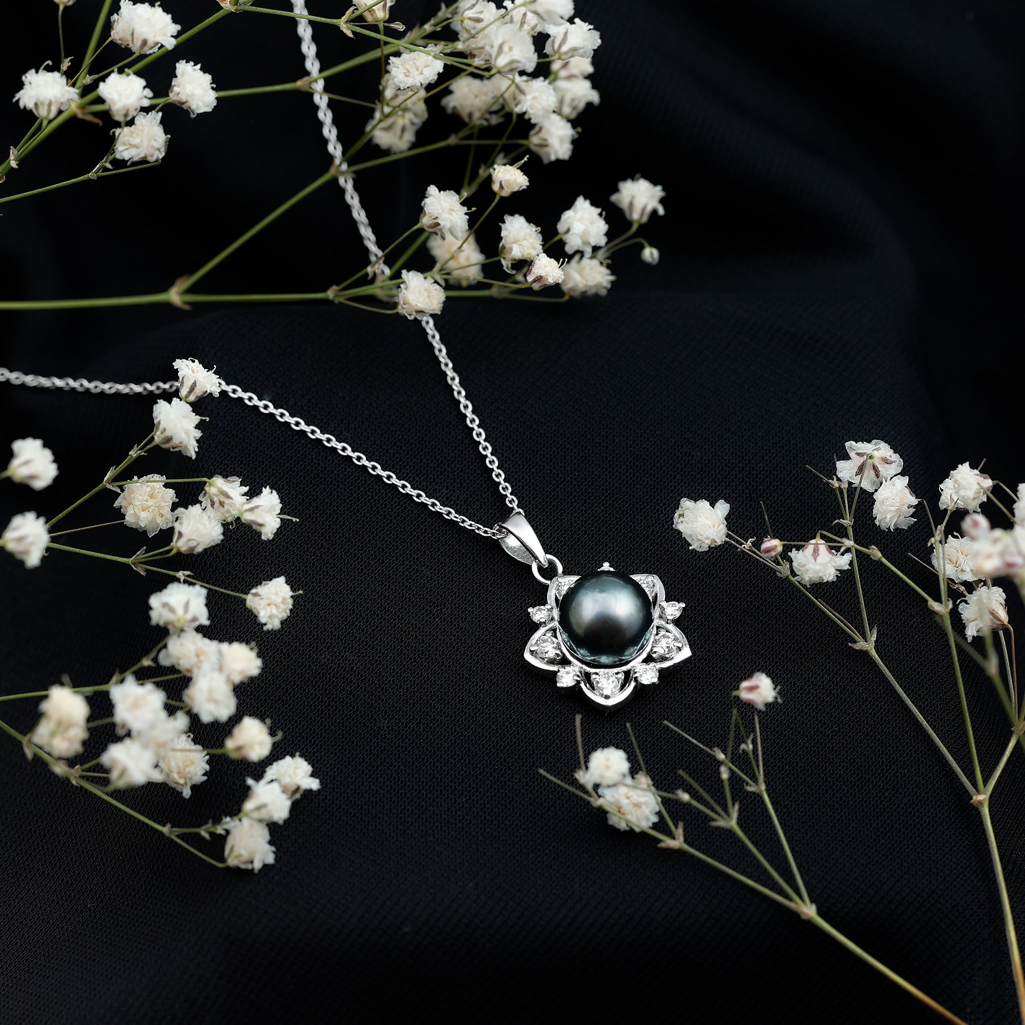 Real Tahitian Pearl and Diamond Star Pendant Necklace With Chain AAA - Rosec Jewels