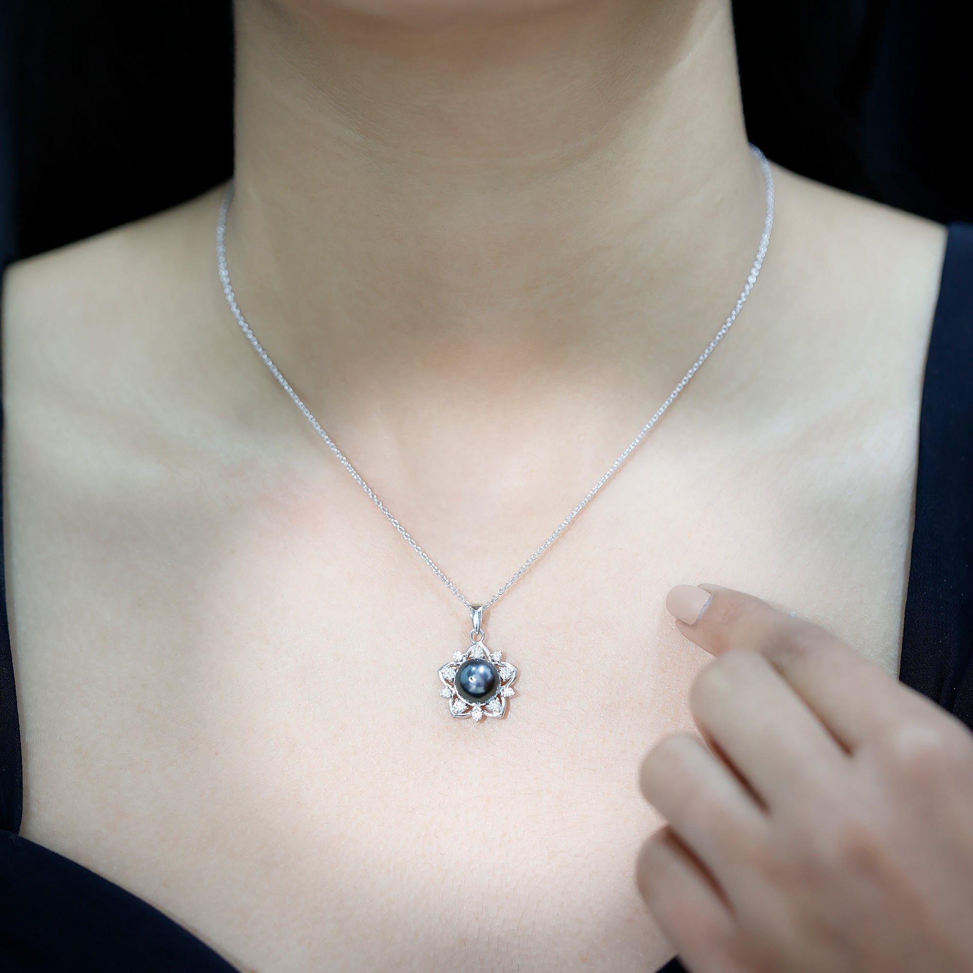 Real Tahitian Pearl and Diamond Star Pendant Necklace With Chain AAA - Rosec Jewels