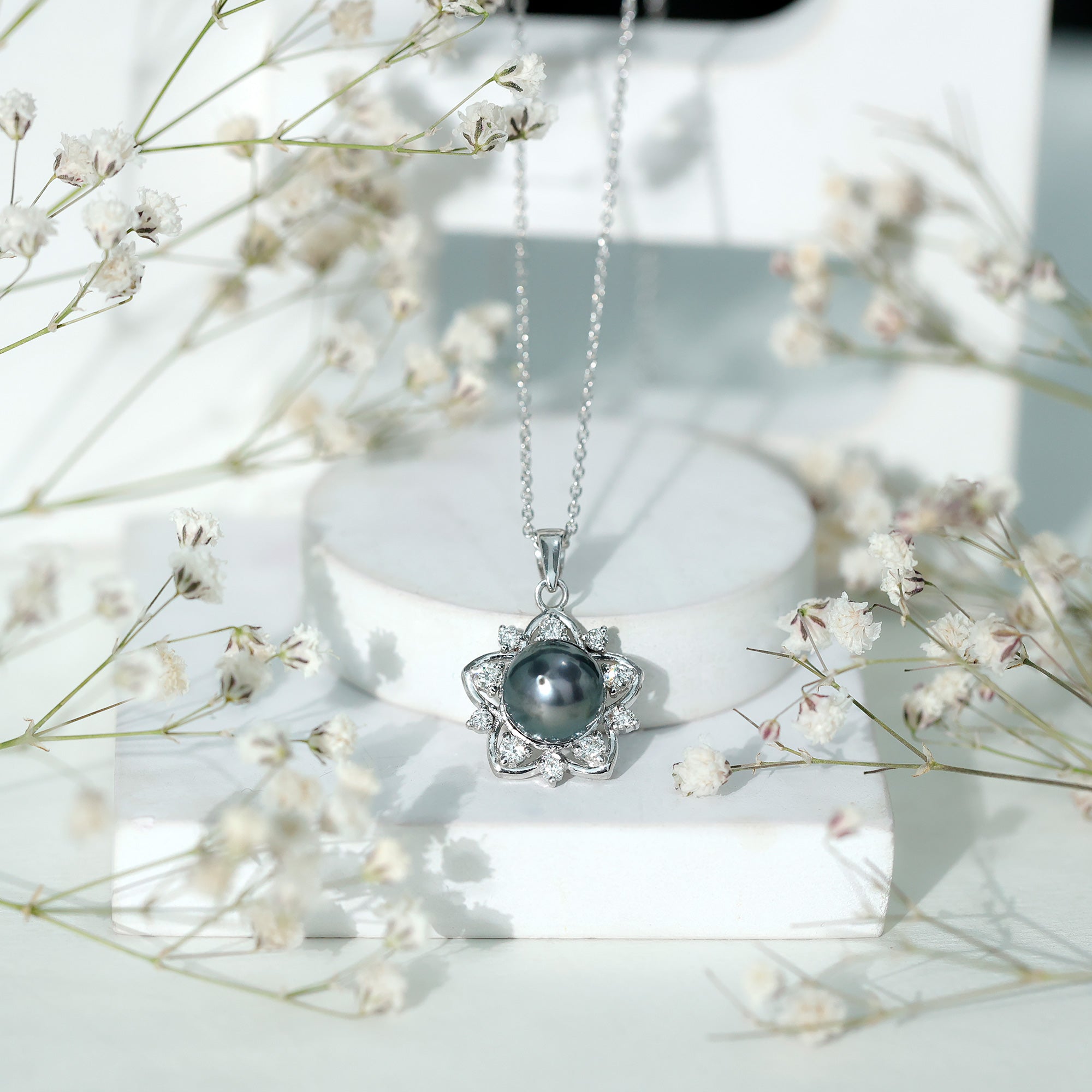 Real Tahitian Pearl and Diamond Star Pendant Necklace With Chain AAA - Rosec Jewels