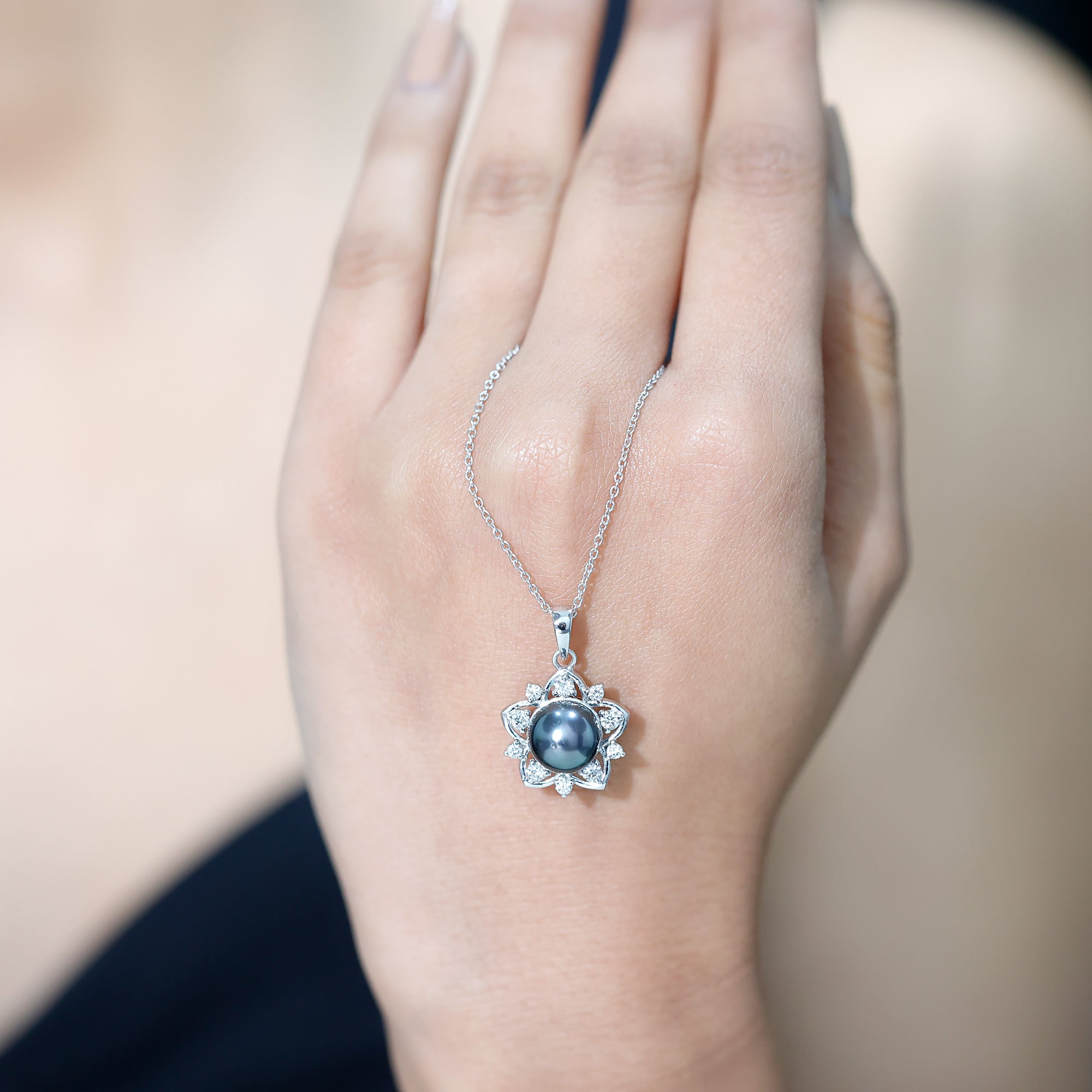 Real Tahitian Pearl and Diamond Star Pendant Necklace With Chain AAA - Rosec Jewels