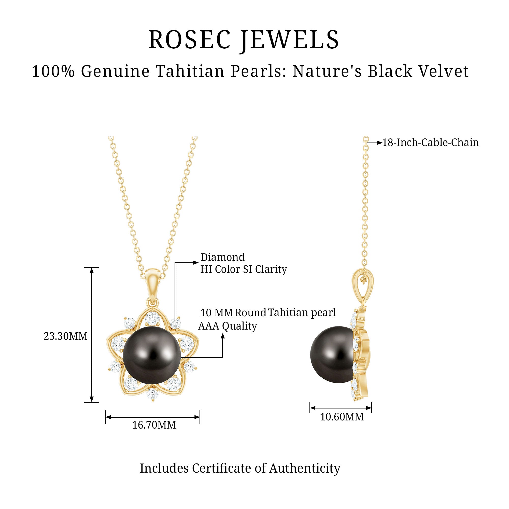 Real Tahitian Pearl and Diamond Star Pendant Necklace With Chain AAA - Rosec Jewels