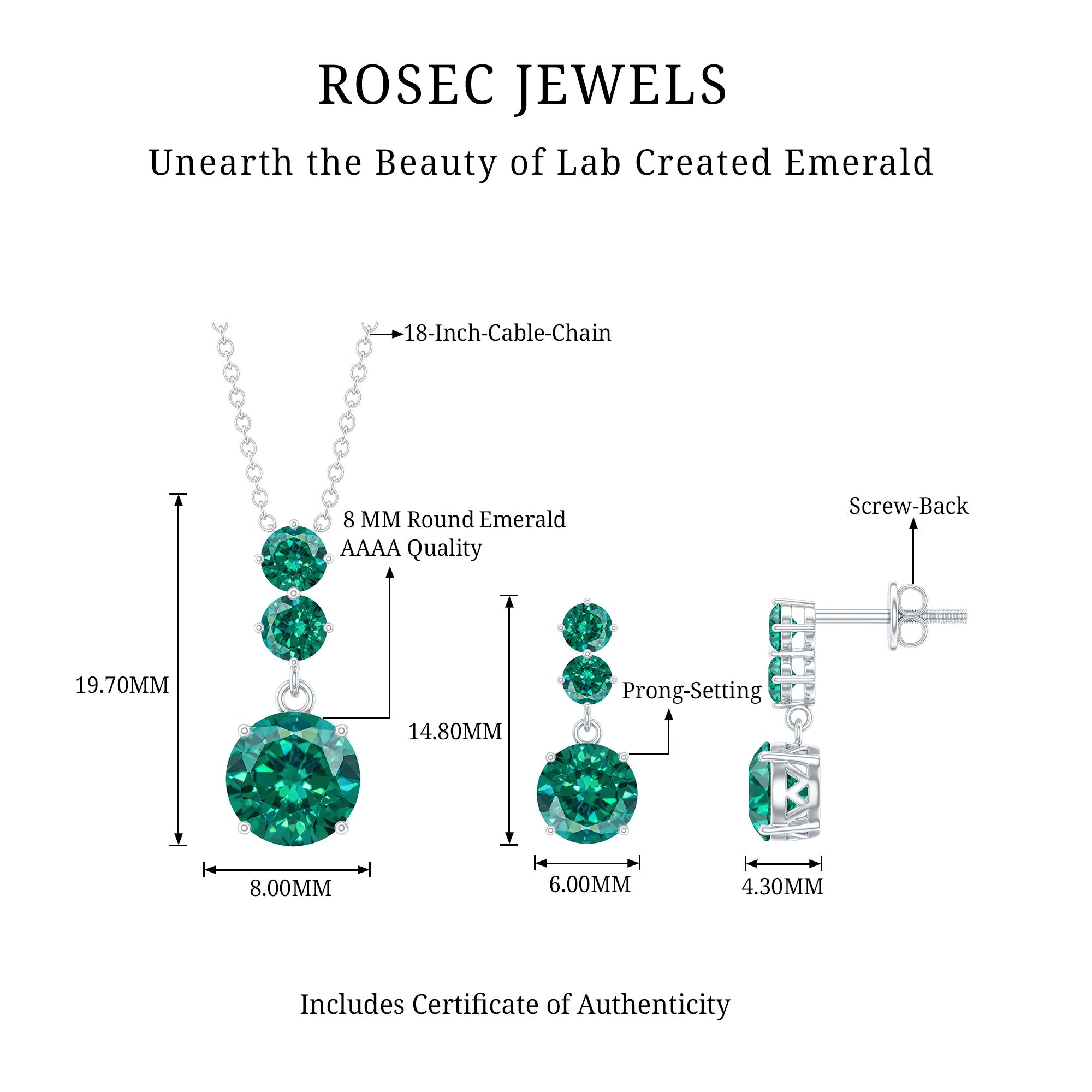 Certified Lab Created Emerald Dangle Necklace Earrings Set AAAA - Rosec Jewels