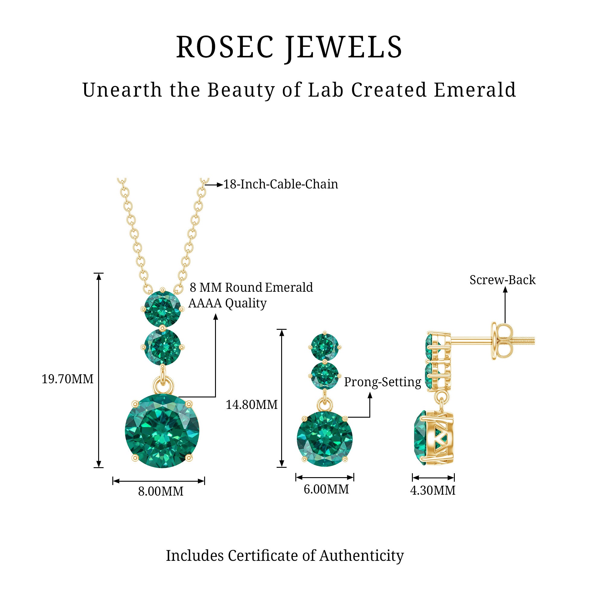 Certified Lab Created Emerald Dangle Necklace Earrings Set AAAA - Rosec Jewels