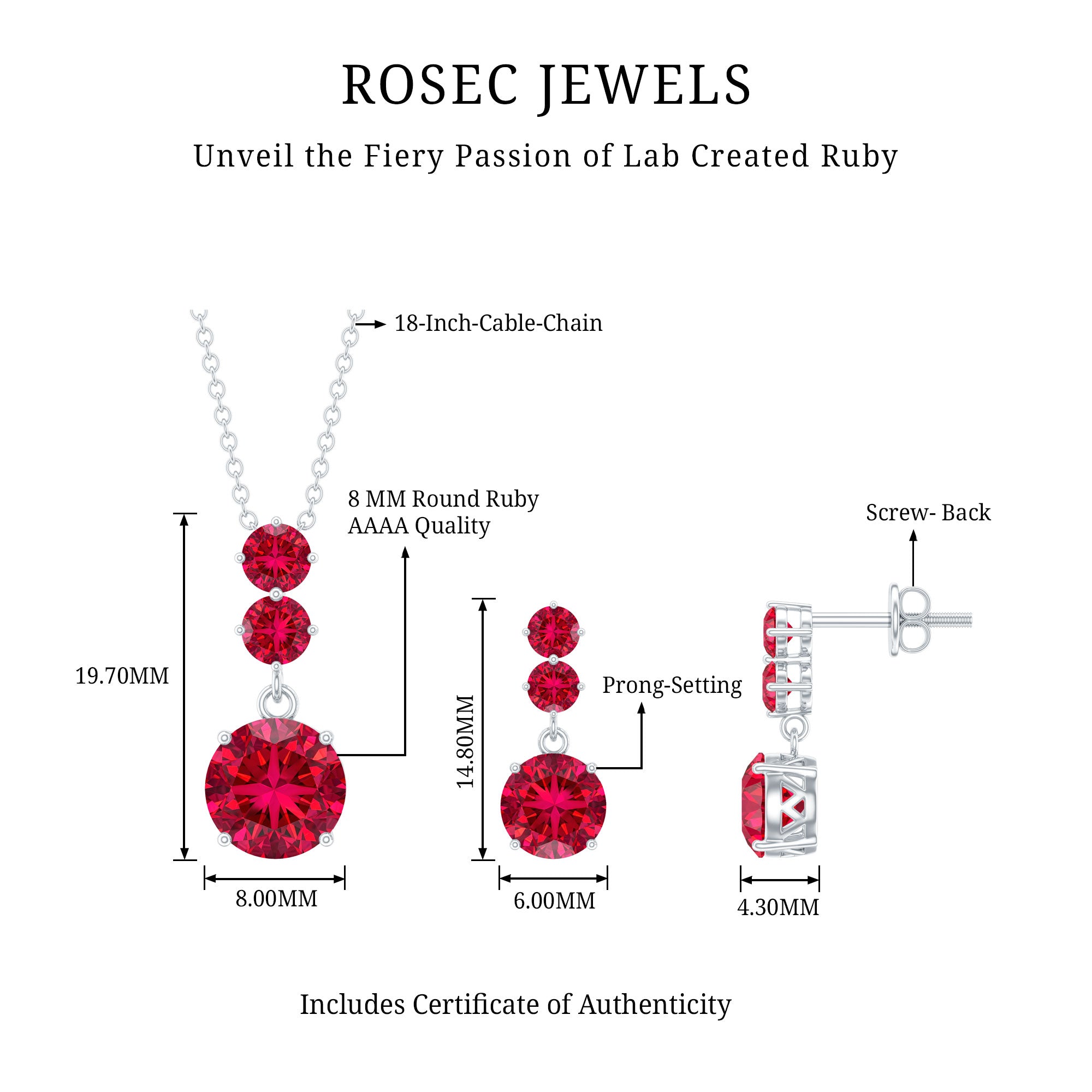 Lab Created Ruby Three Stone Dangle Jewelry Set AAAA - Rosec Jewels