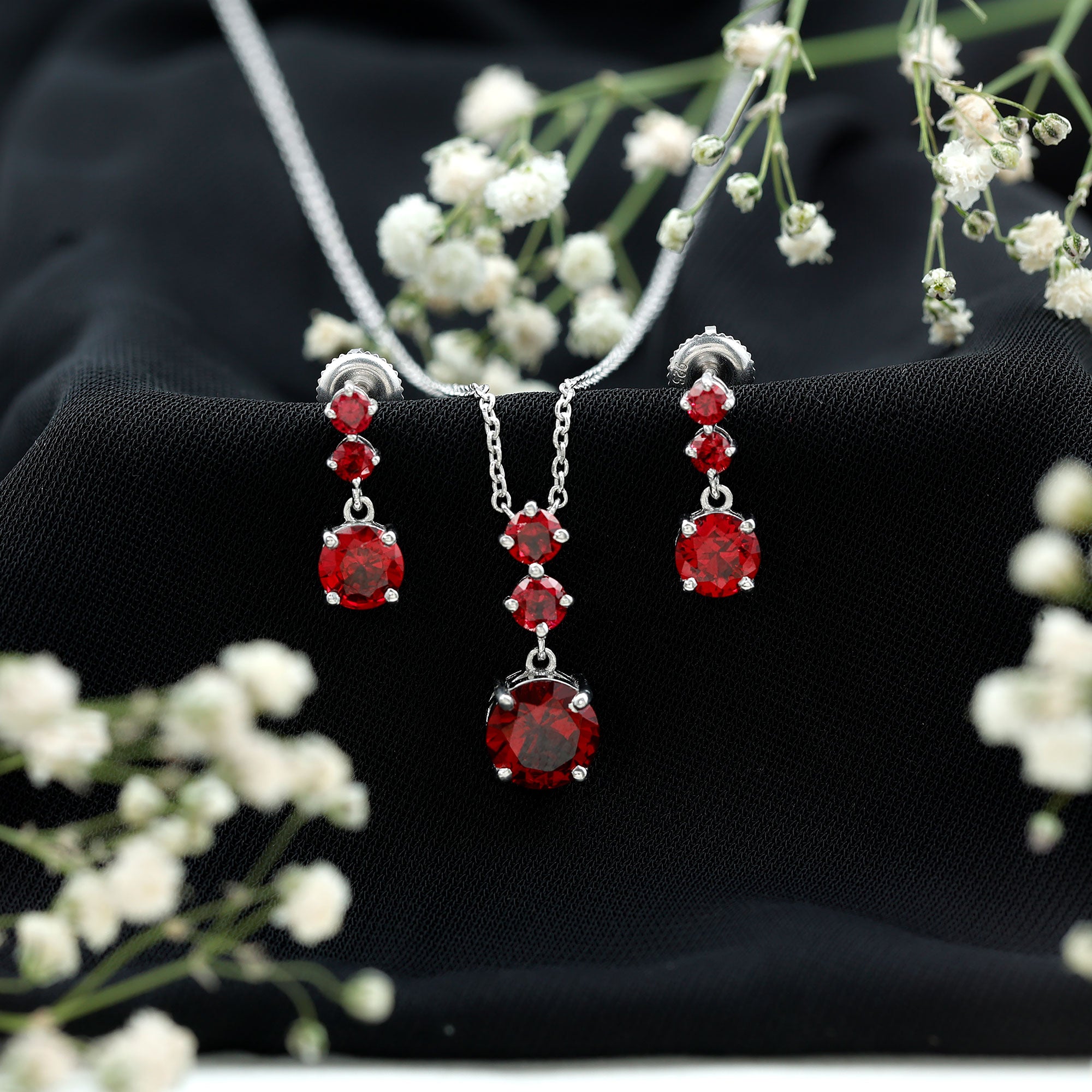 Lab Created Ruby Three Stone Dangle Jewelry Set AAAA - Rosec Jewels