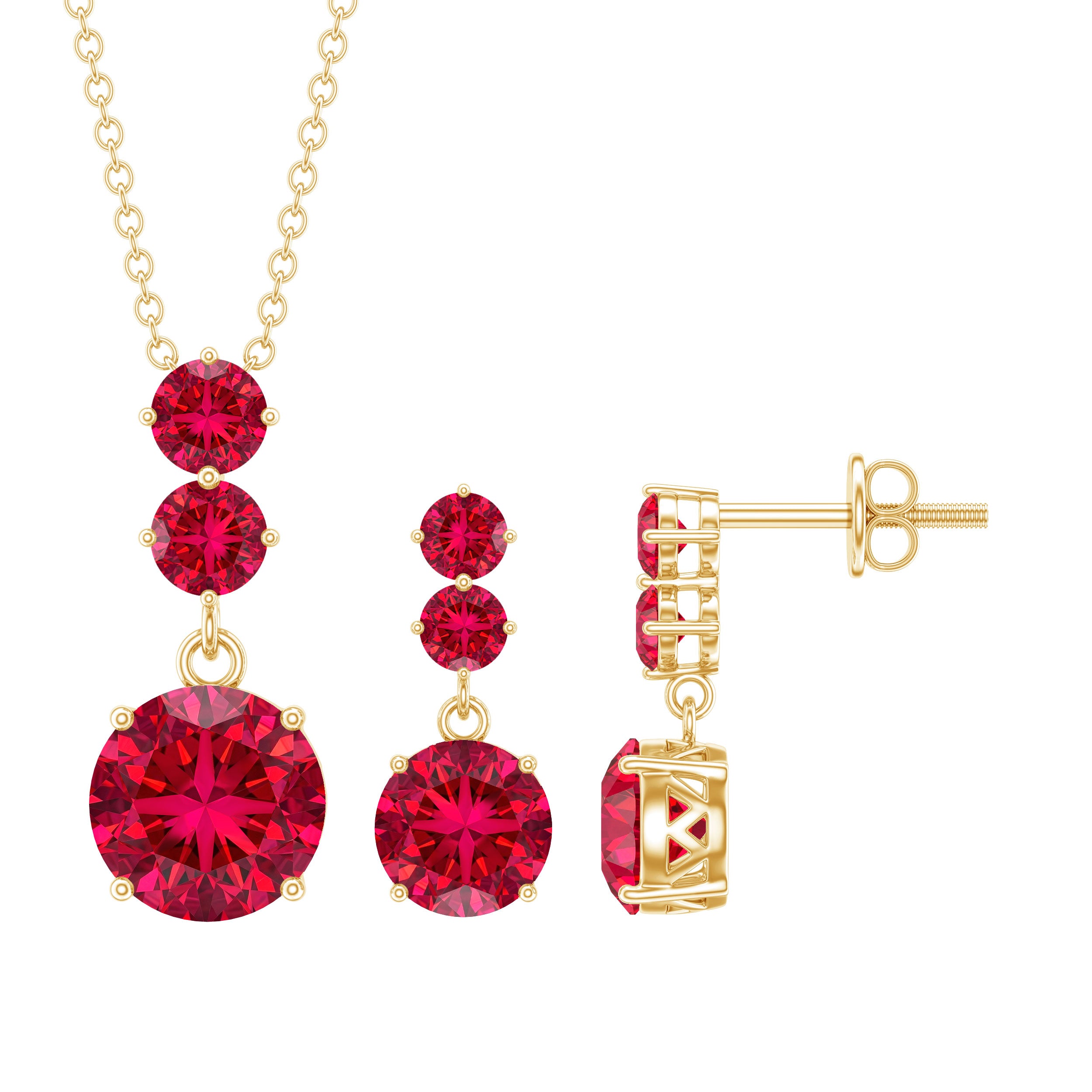 Lab Created Ruby Three Stone Dangle Jewelry Set AAAA - Rosec Jewels