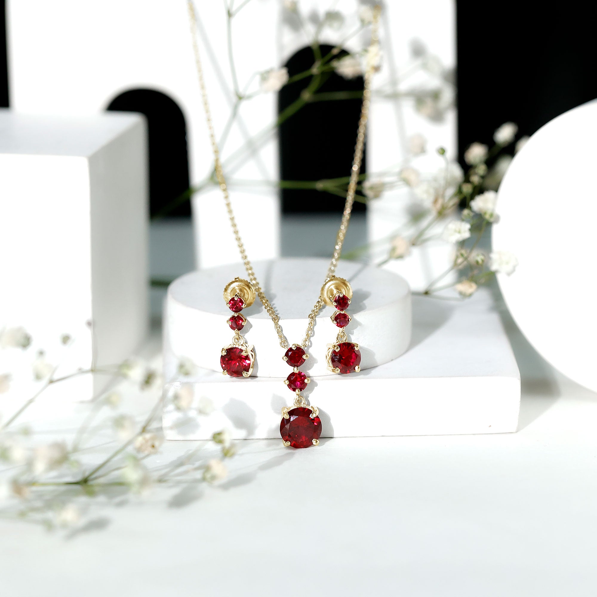 Lab Created Ruby Three Stone Dangle Jewelry Set AAAA - Rosec Jewels
