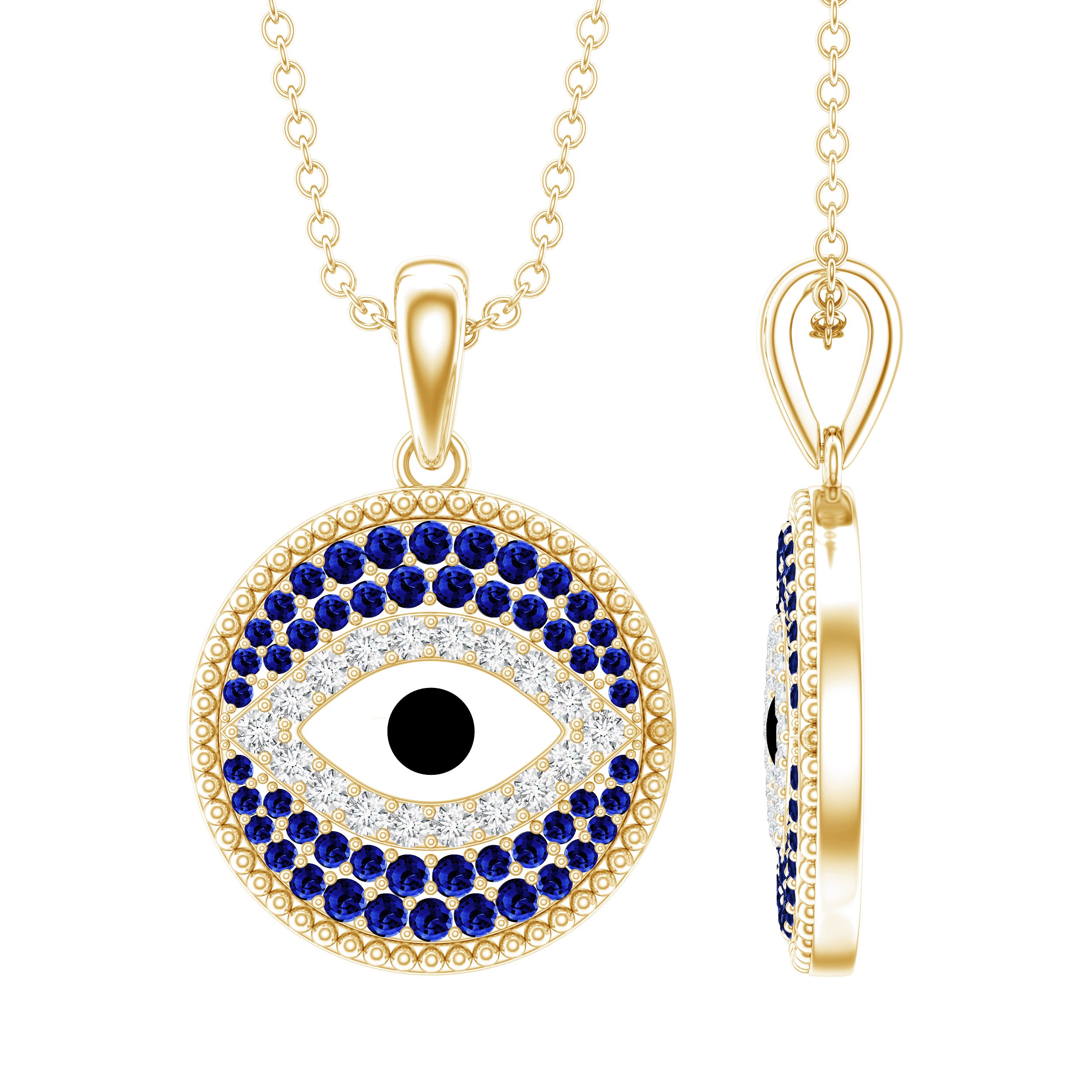 Evil Eye Necklace with Lab Grown Blue Sapphire and Moissanite AAAA - Rosec Jewels