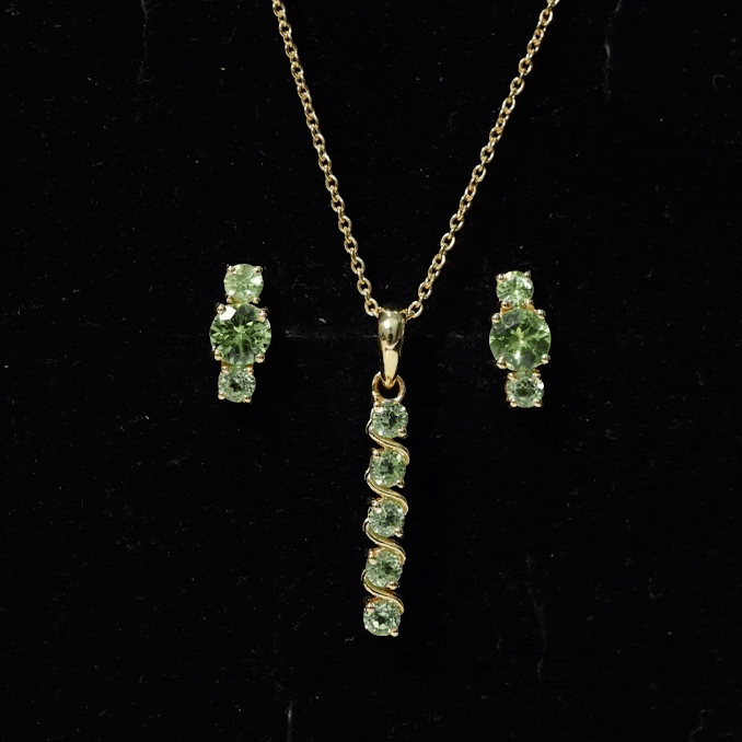 Round Cut Natural Peridot Bar Necklace and Earrings Set AAA - Rosec Jewels