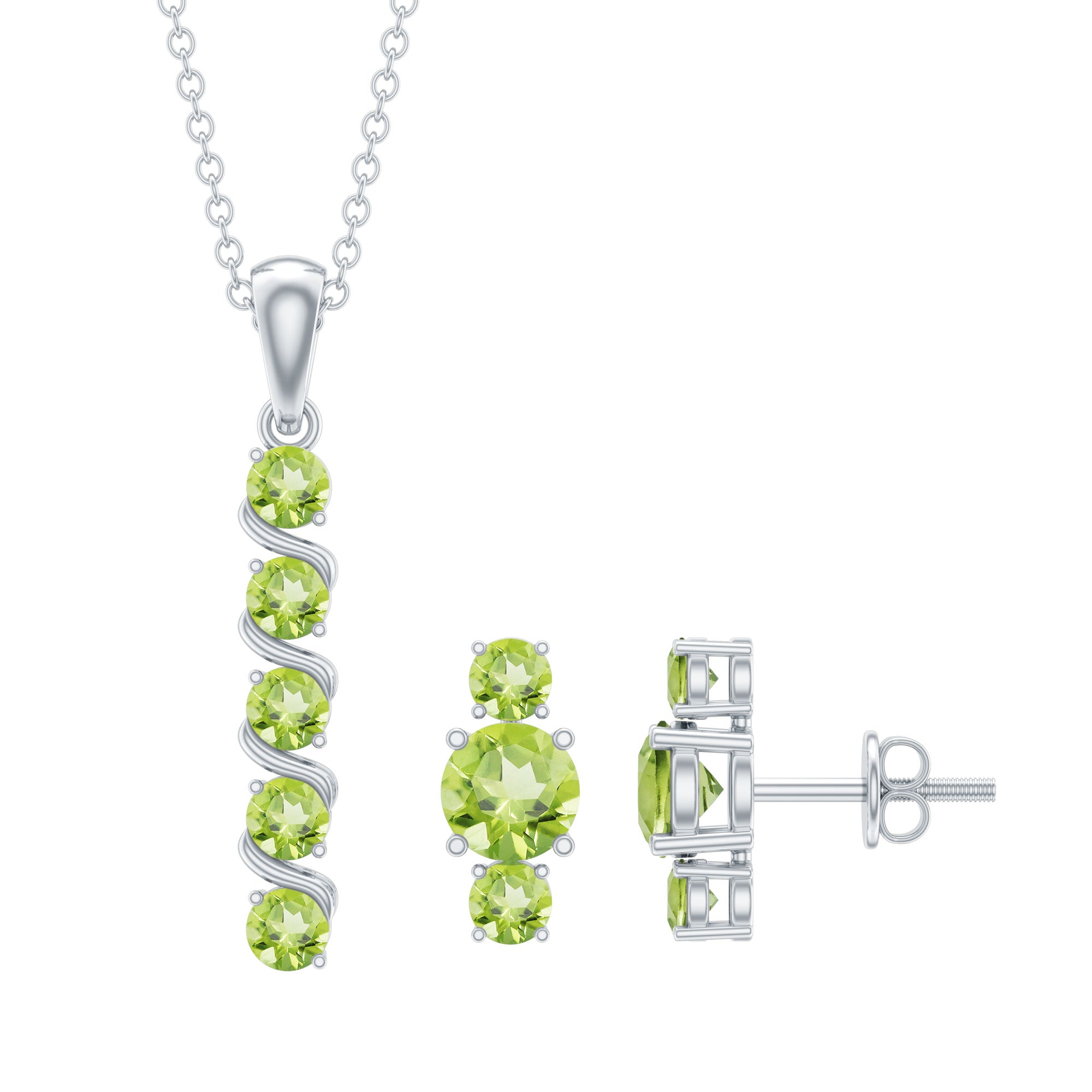 Round Cut Natural Peridot Bar Necklace and Earrings Set AAA - Rosec Jewels