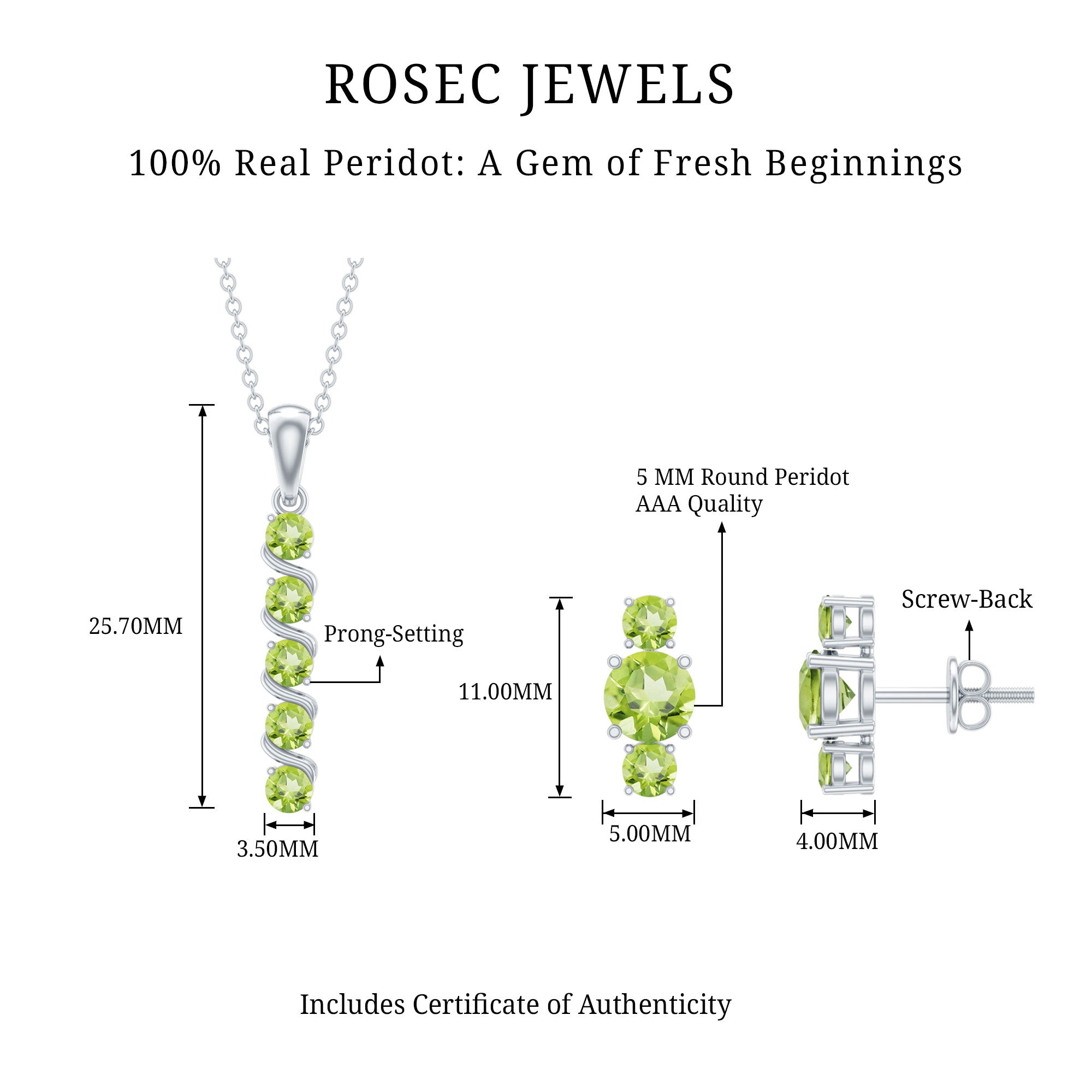 Round Cut Natural Peridot Bar Necklace and Earrings Set AAA - Rosec Jewels
