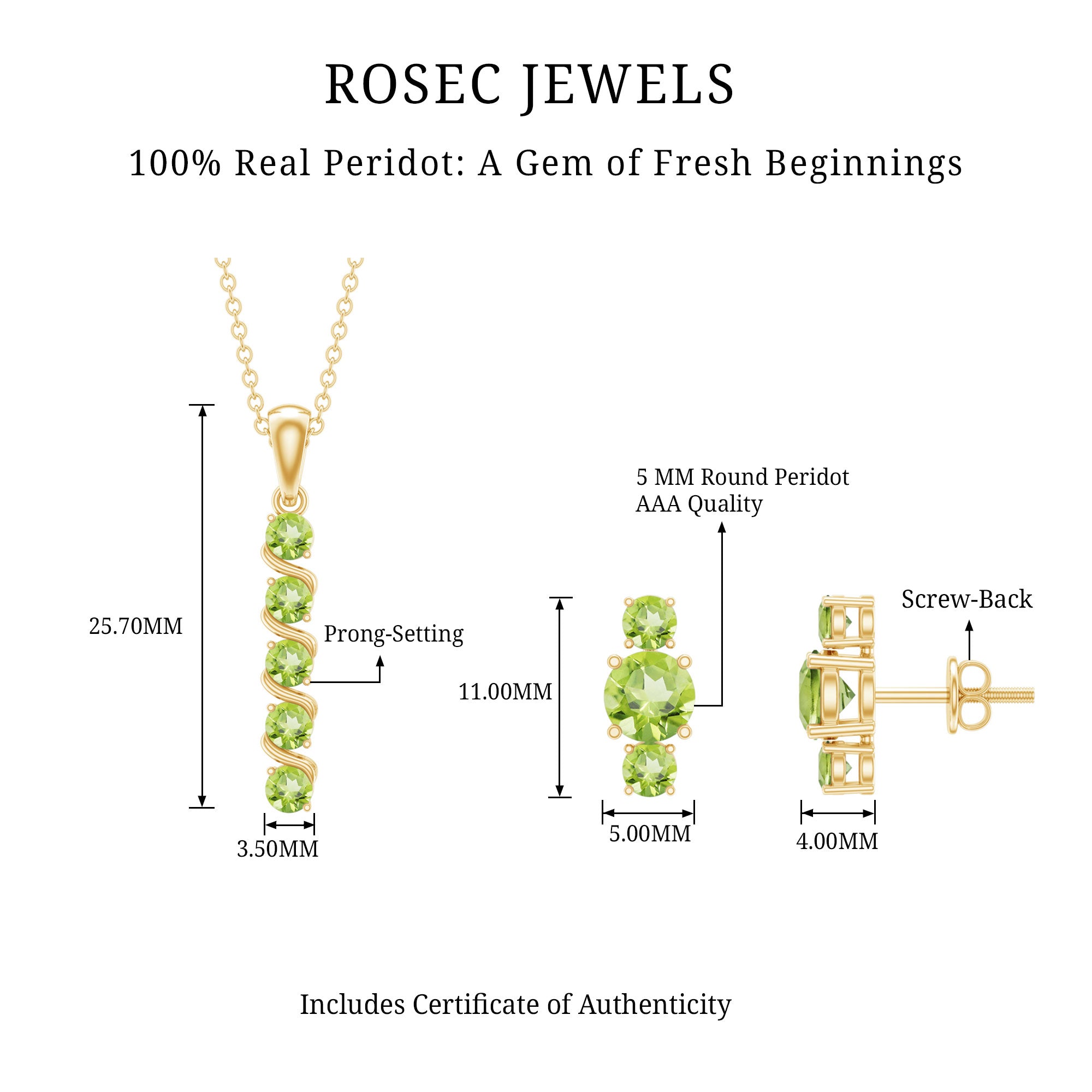 Round Cut Natural Peridot Bar Necklace and Earrings Set AAA - Rosec Jewels