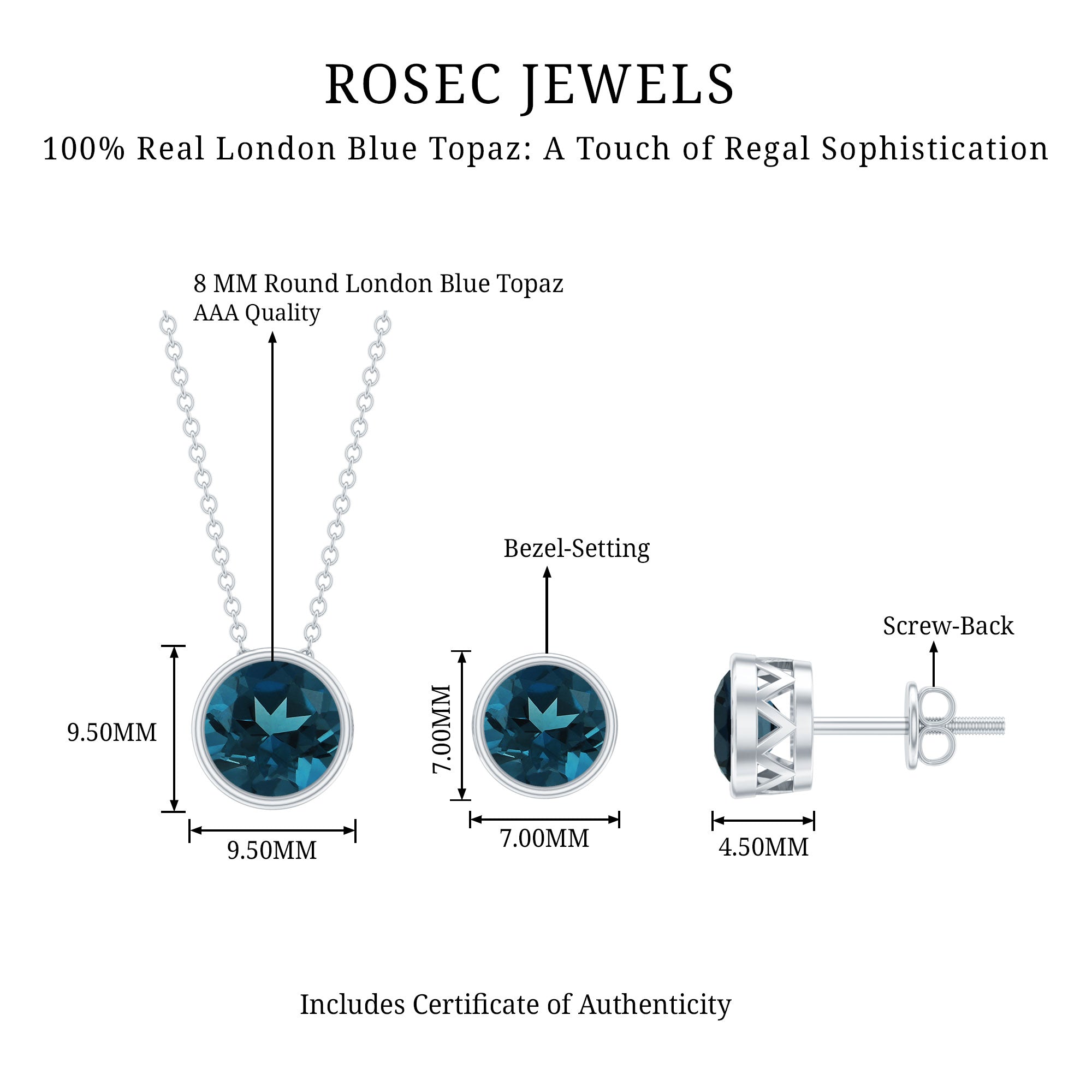 4.7 Carat Round London Blue Topaz Solitaire Jewelry Set in Bezel Setting AAA - Rosec Jewels