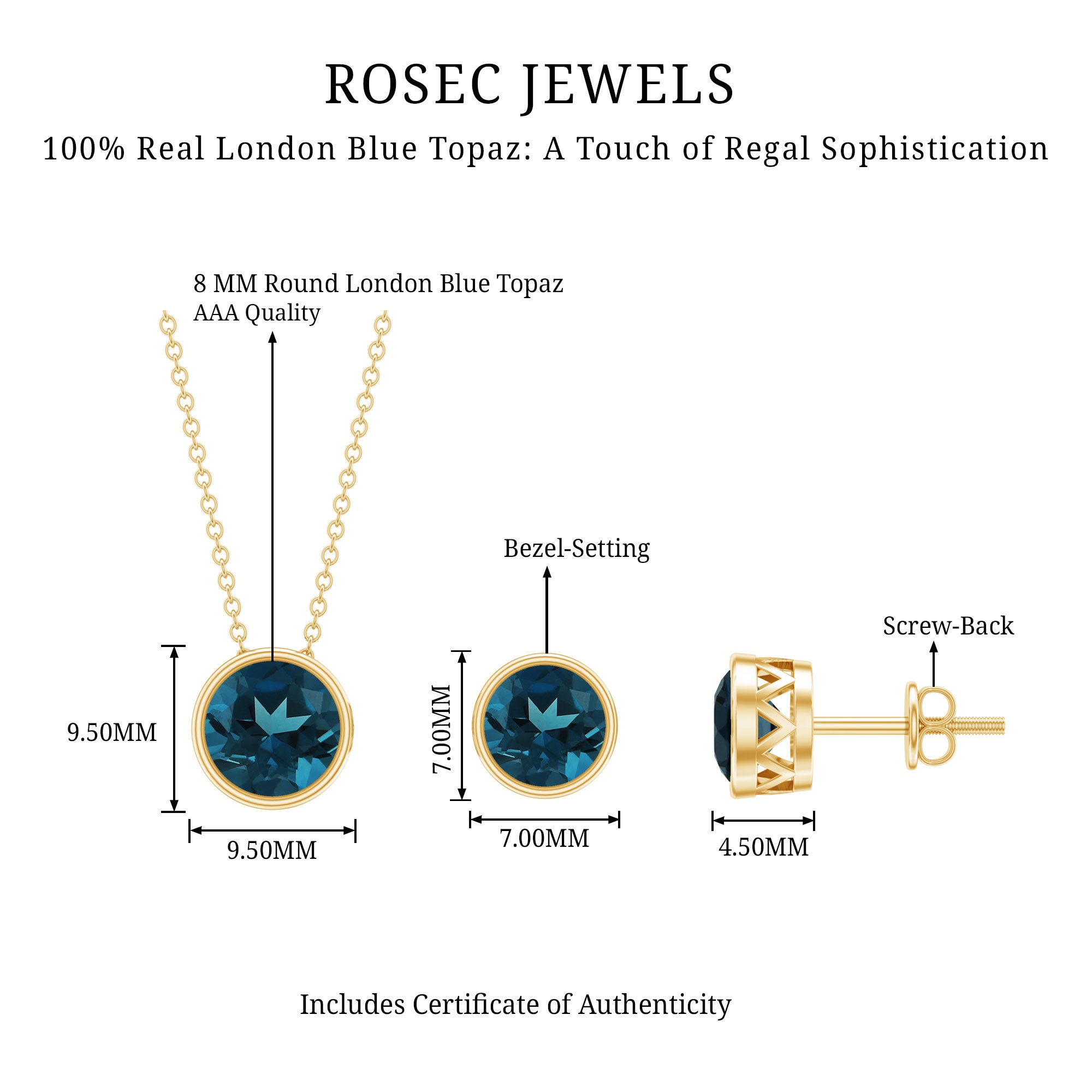 4.7 Carat Round London Blue Topaz Solitaire Jewelry Set in Bezel Setting AAA - Rosec Jewels