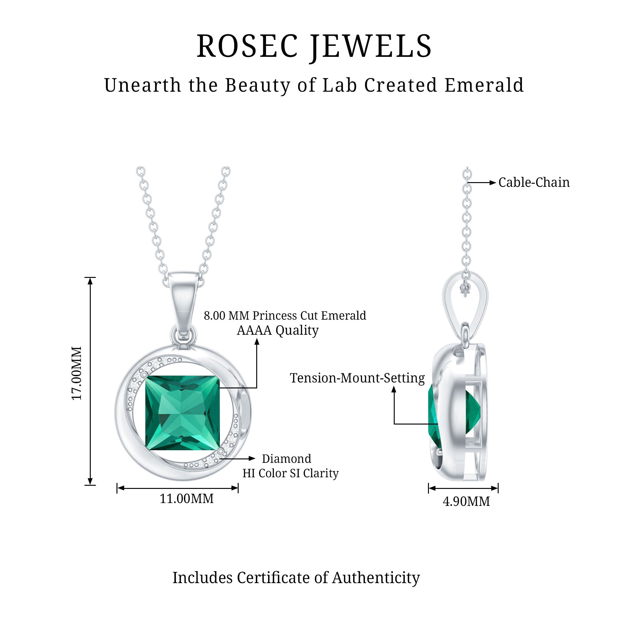 2.4 Carat Lab Created Emerald Princess Cut Pendant with Diamond AAAA - Rosec Jewels
