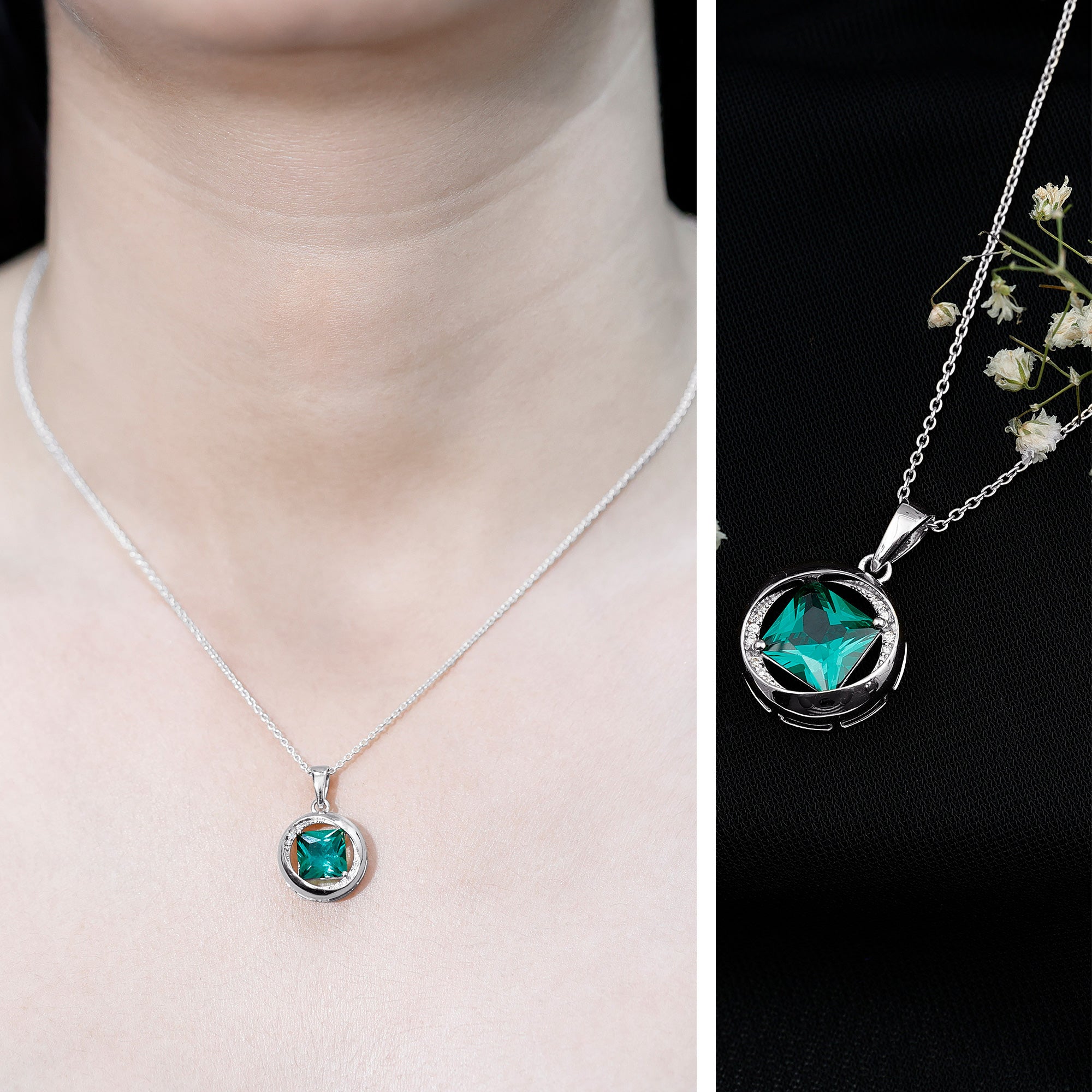 2.4 Carat Lab Created Emerald Princess Cut Pendant with Diamond AAAA - Rosec Jewels