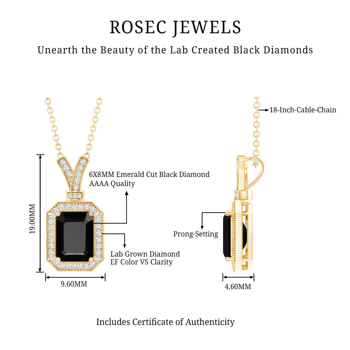 1.68 Carat Emerald Cut Lab Grown Black and White Diamond Vintage Necklace AAAA ( Synthetic ) - Rosec Jewels