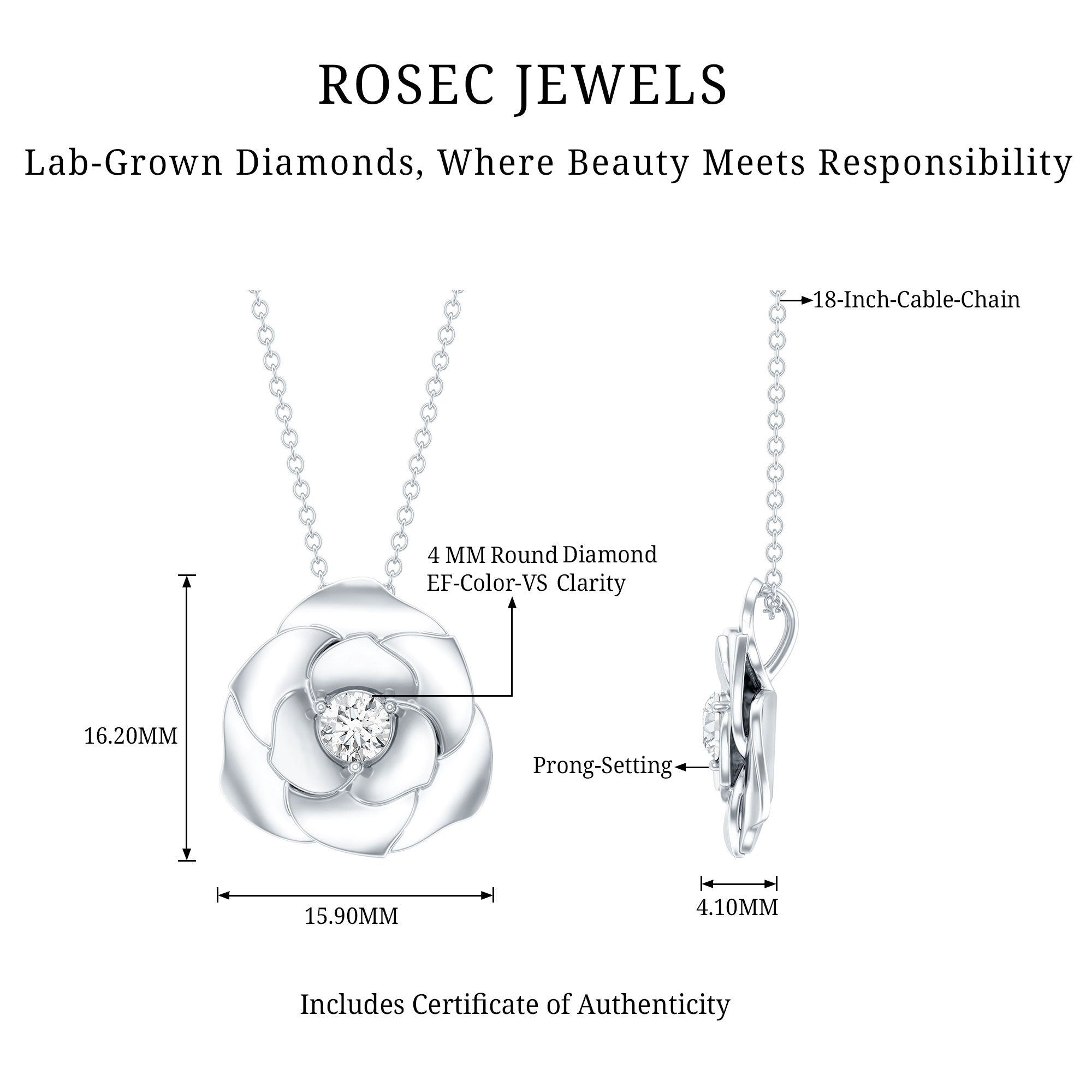 Certified Lab Grown Diamond Rose Pendant Necklace Lab - ( EF-VS ) - Rosec Jewels