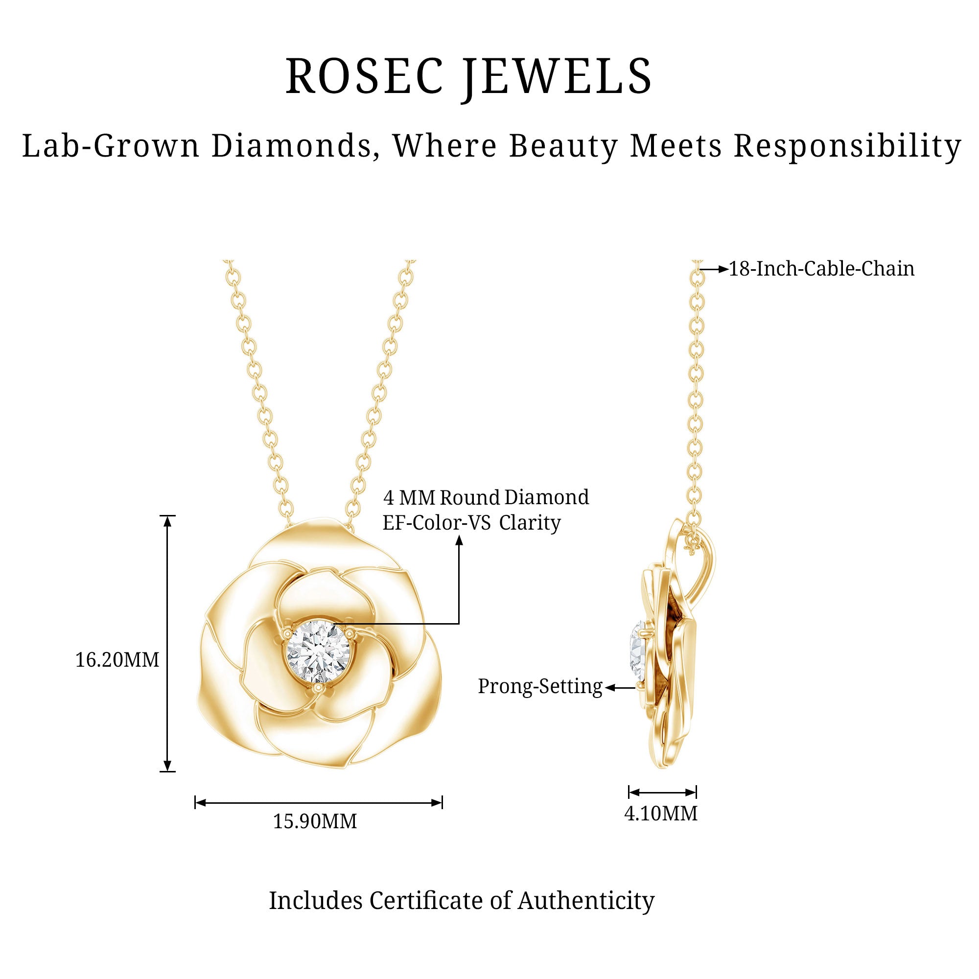 Certified Lab Grown Diamond Rose Pendant Necklace Lab - ( EF-VS ) - Rosec Jewels