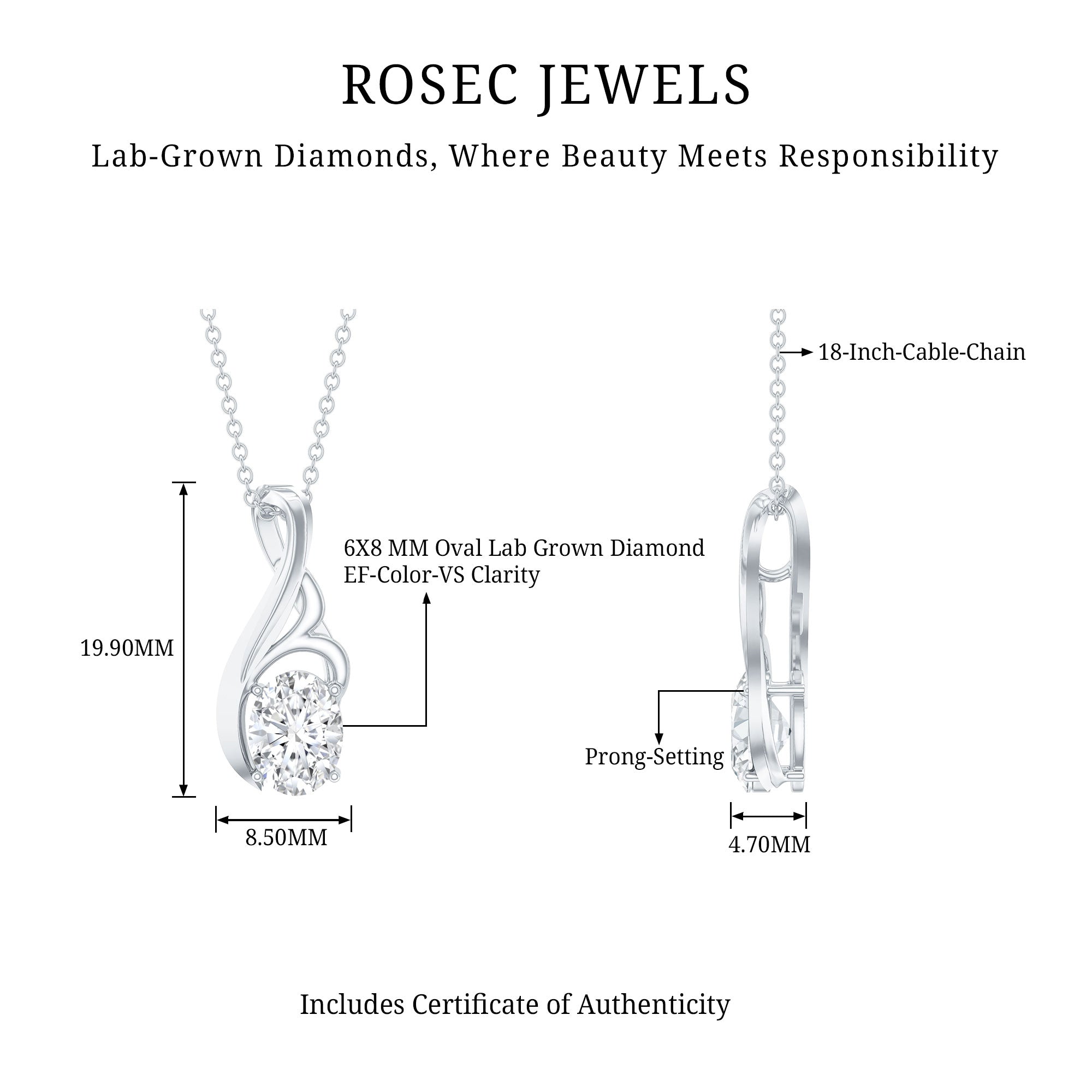 Certified Oval Lab Grown Diamond Solitaire Pendant Necklace Lab - ( EF-VS ) - Rosec Jewels