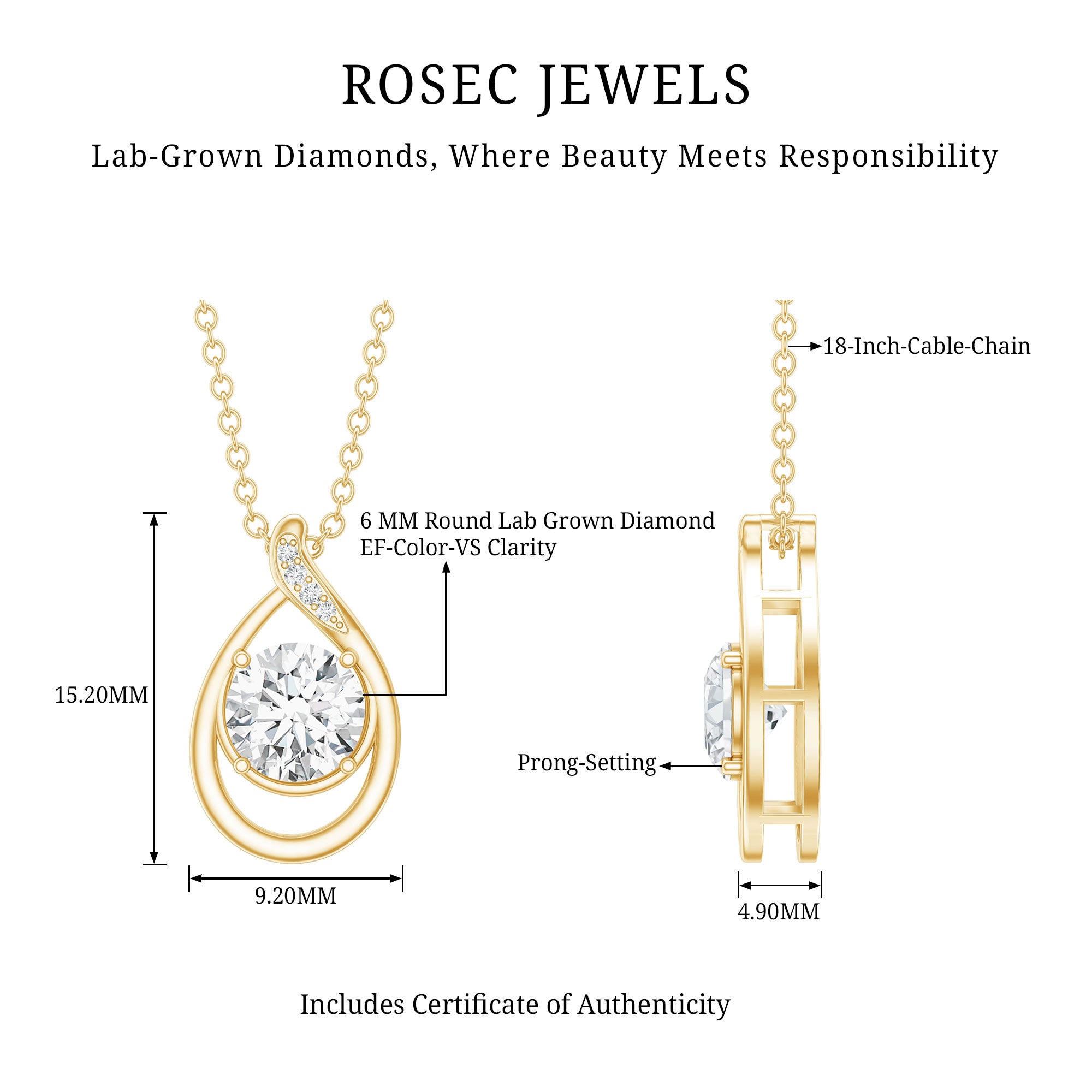 Lab Grown Diamond Teardrop Pendant Necklace Lab - ( EF-VS ) - Rosec Jewels