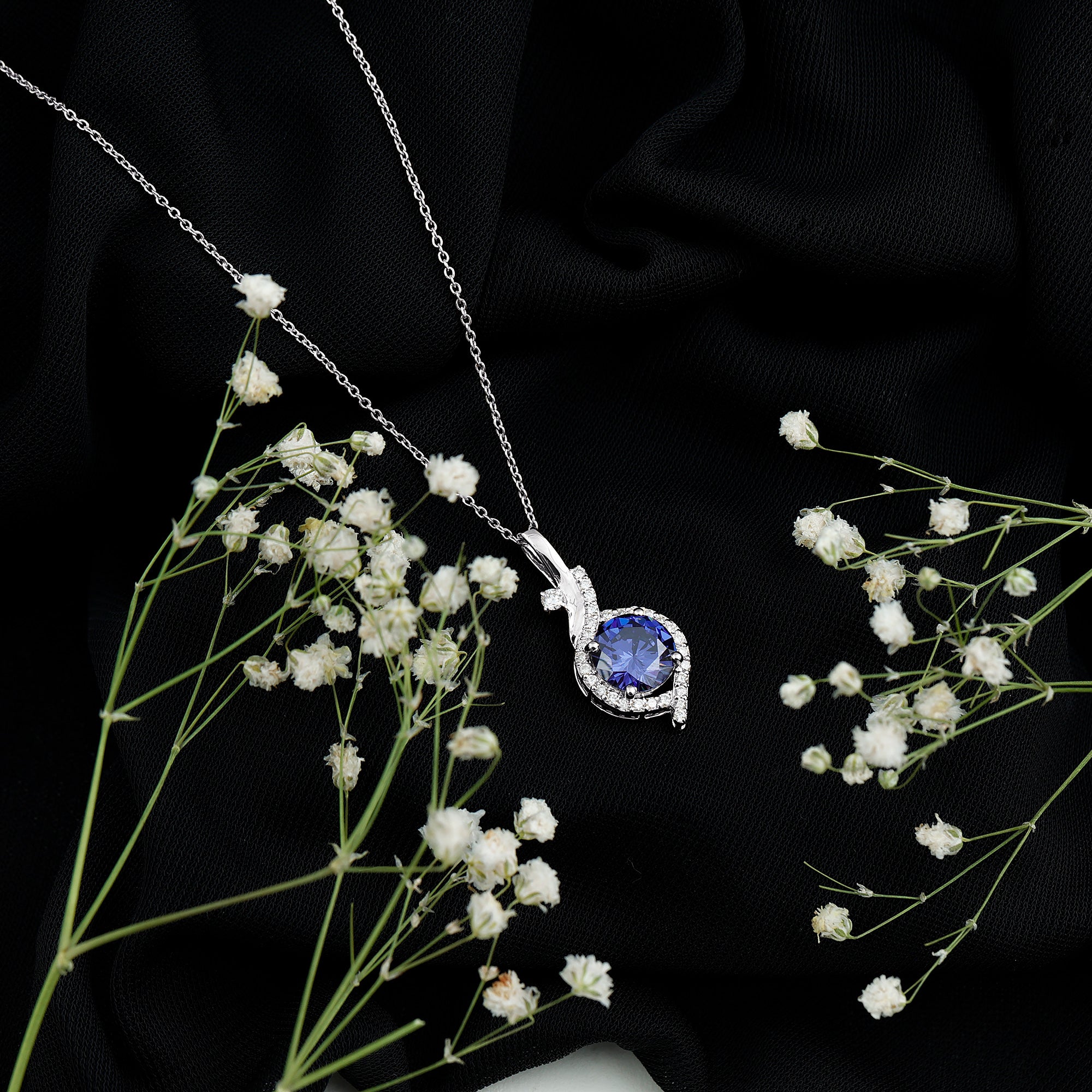 Certified Lab Grown Blue Sapphire Pendant Necklace With Diamonds AAAA - Rosec Jewels