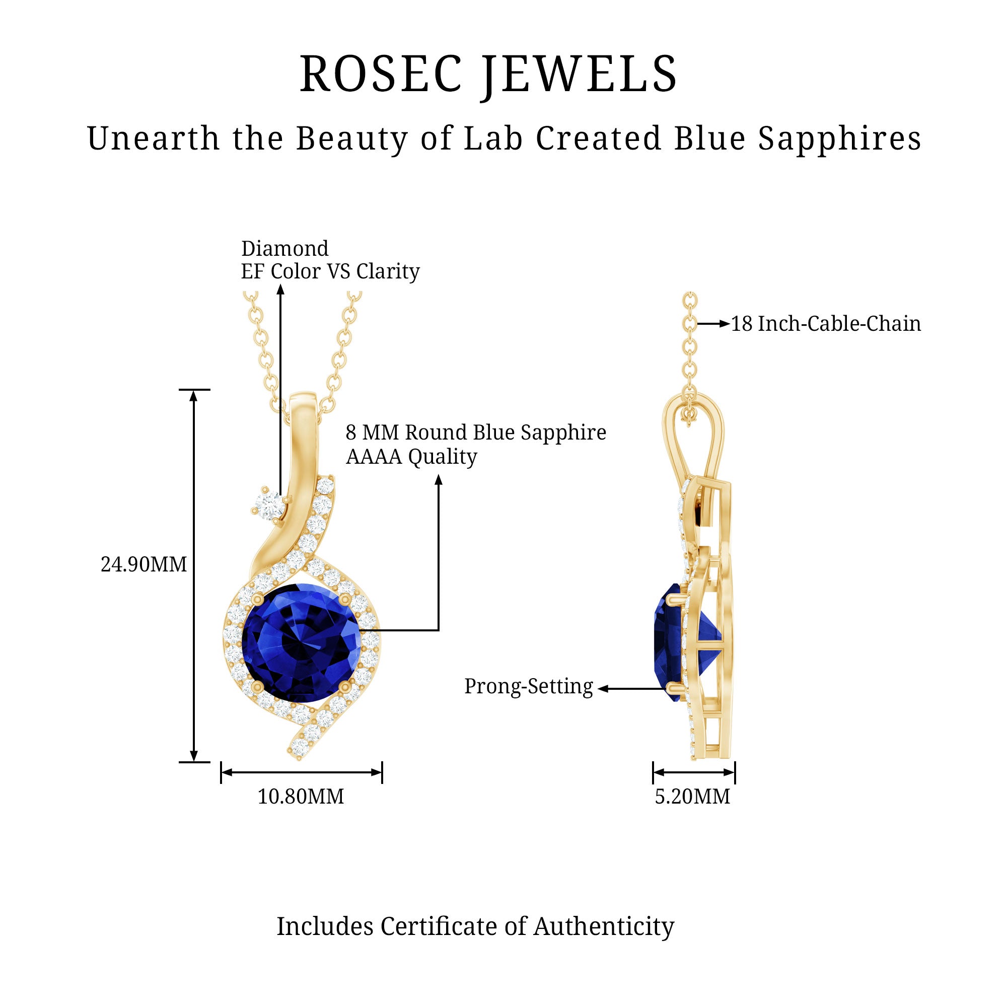 Certified Lab Grown Blue Sapphire Pendant Necklace With Diamonds AAAA - Rosec Jewels
