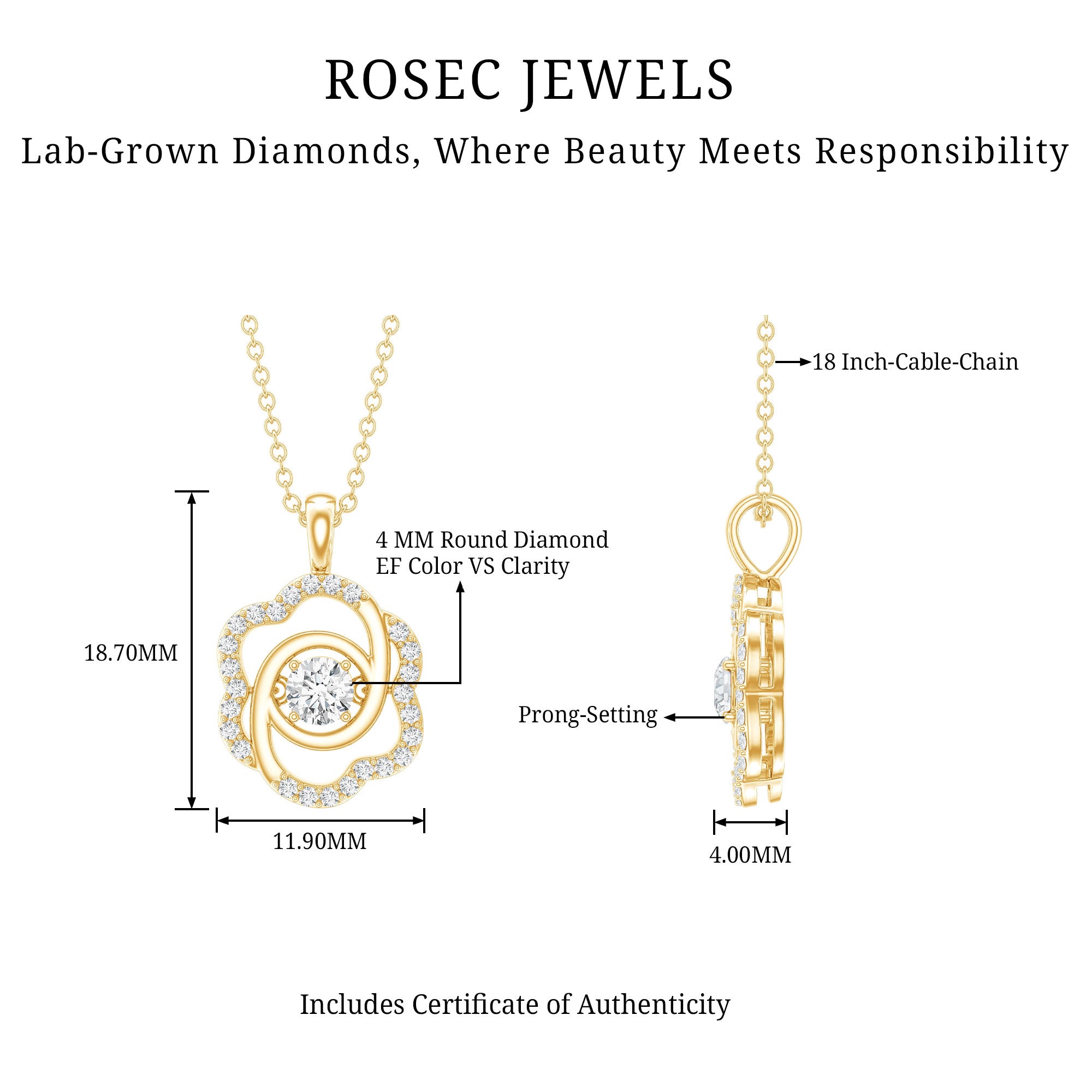 Flower Pendant Necklace with Lab Grown Diamond Lab - ( EF-VS ) - Rosec Jewels