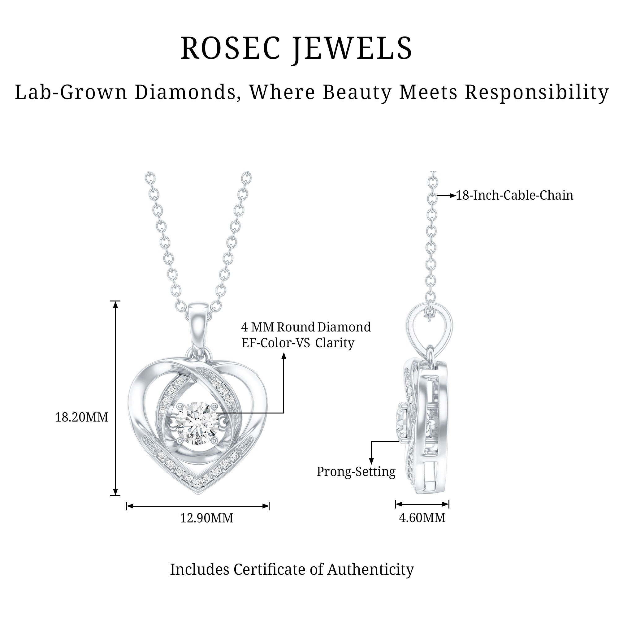 Certified Lab Grown Diamond Heart Pendant Necklace Lab - ( EF-VS ) - Rosec Jewels