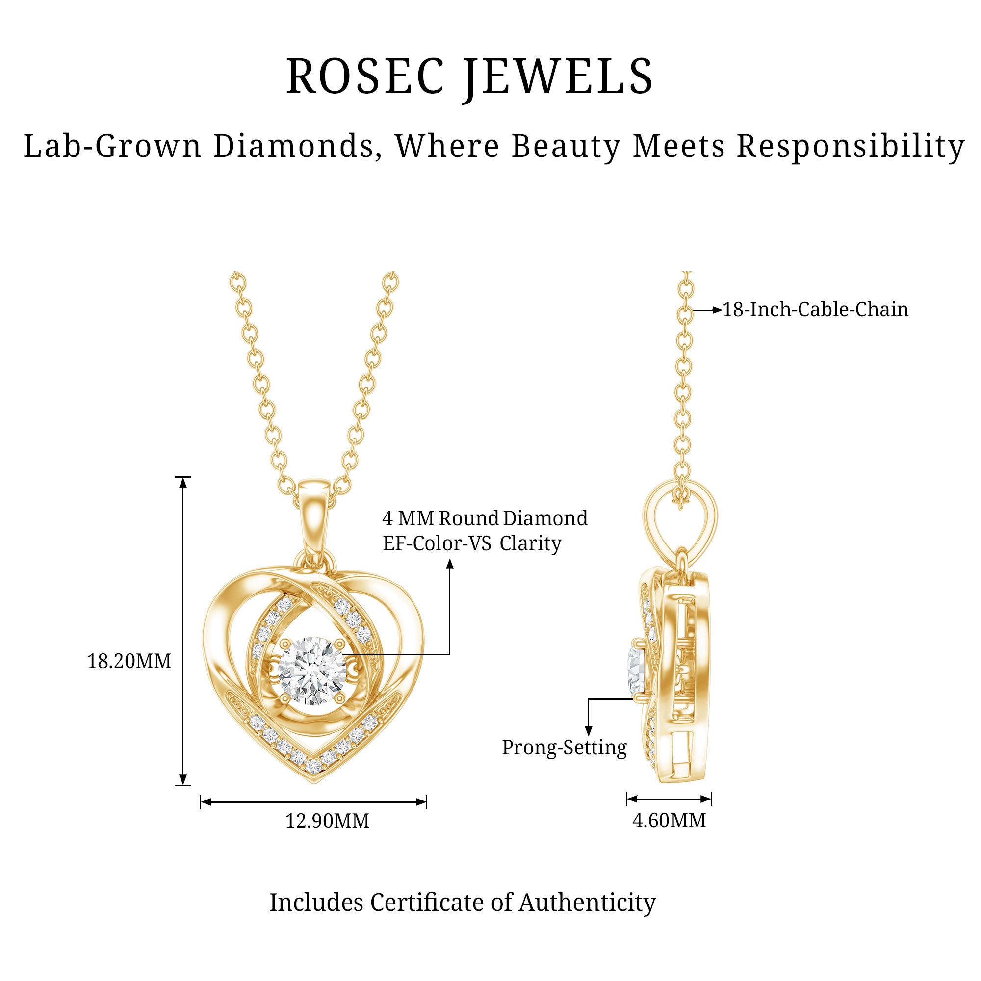 Certified Lab Grown Diamond Heart Pendant Necklace Lab - ( EF-VS ) - Rosec Jewels