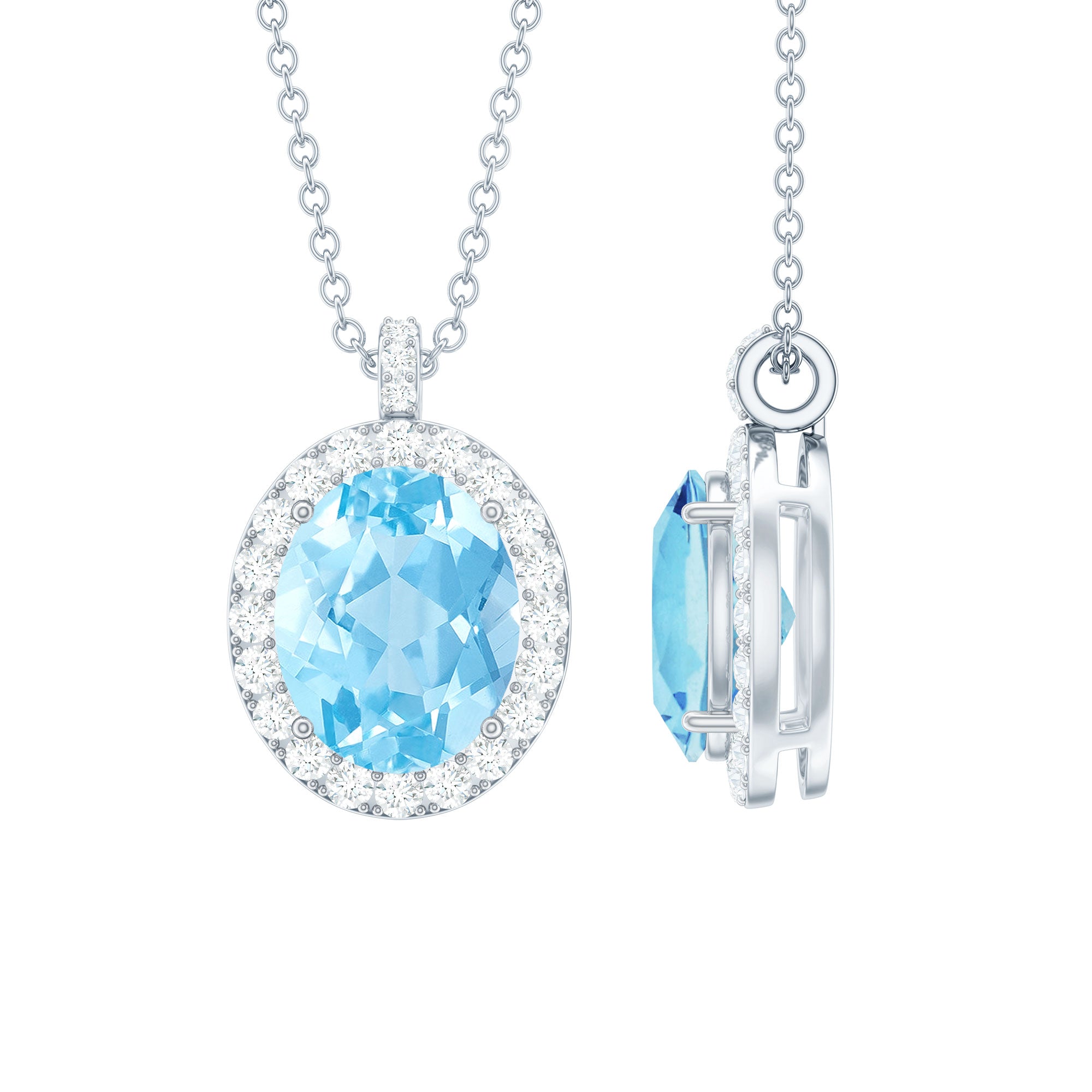 Oval Shaped 8X10 MM Aquamarine Statement Necklace Moissanite Halo