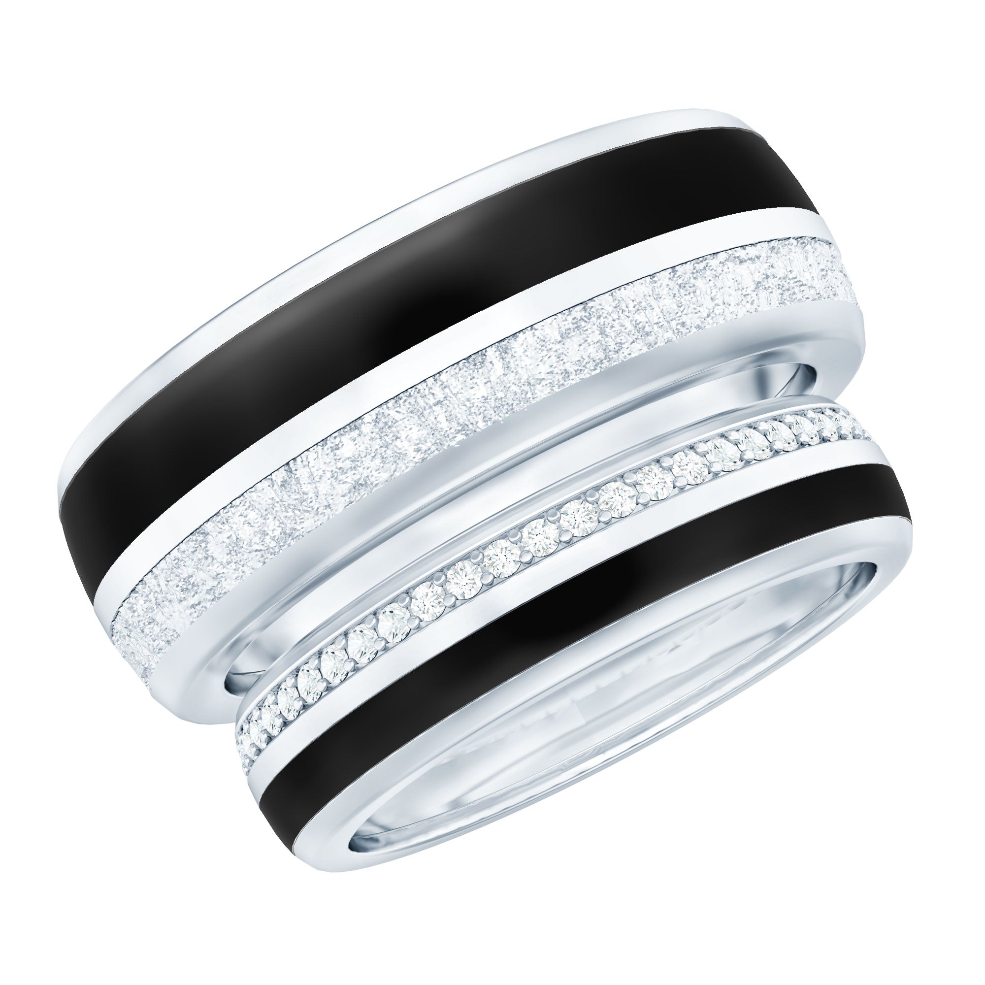 Real Diamond Couple Band Ring Set with Black Enamel