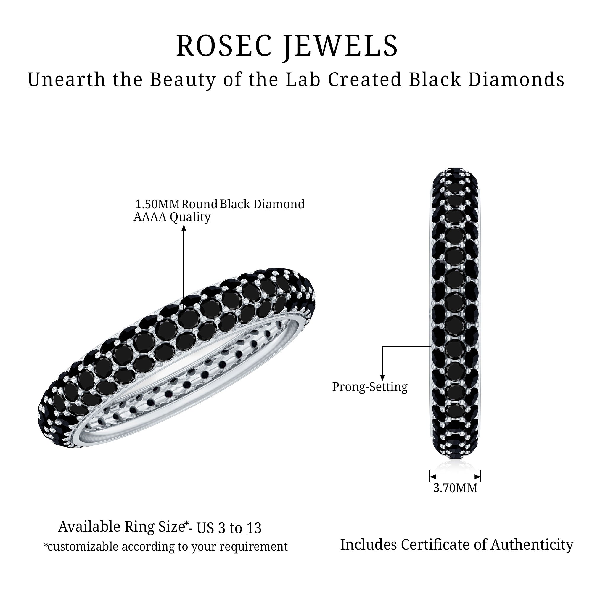 Certified Lab Grown Black Diamond 3 Row Eternity Band Ring AAAA ( Synthetic ) - Rosec Jewels
