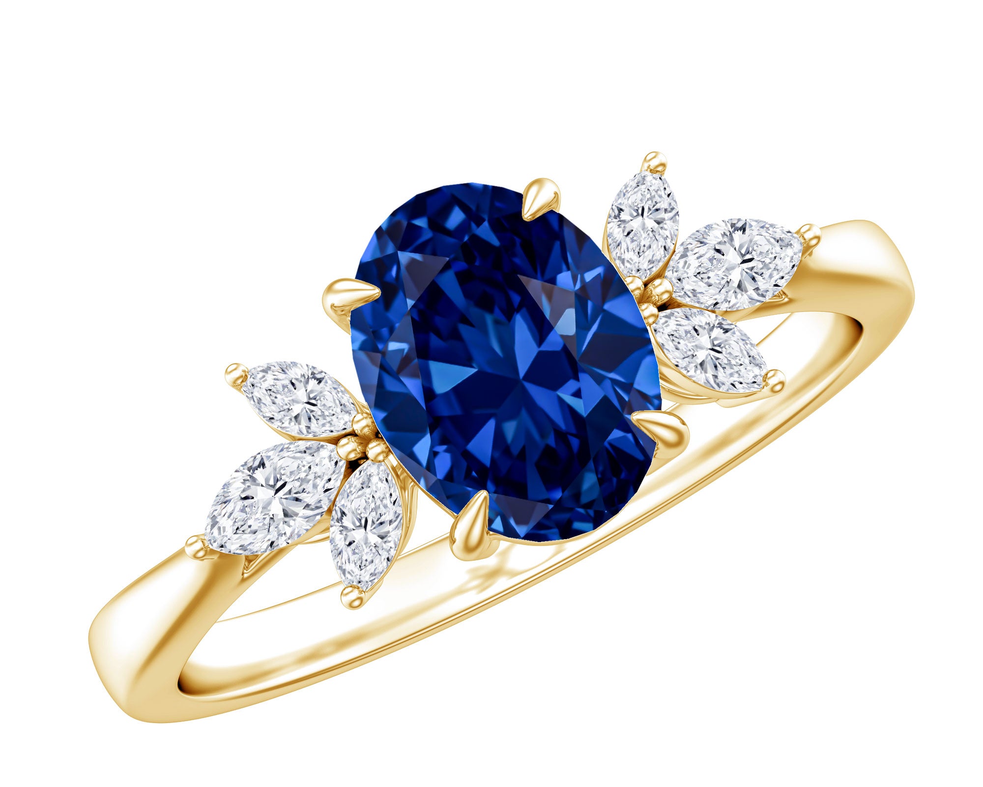 Certified 1.5 Carat Oval Lab Grown Blue Sapphire Engagement Ring with Diamond Trio AAAA - Rosec Jewels