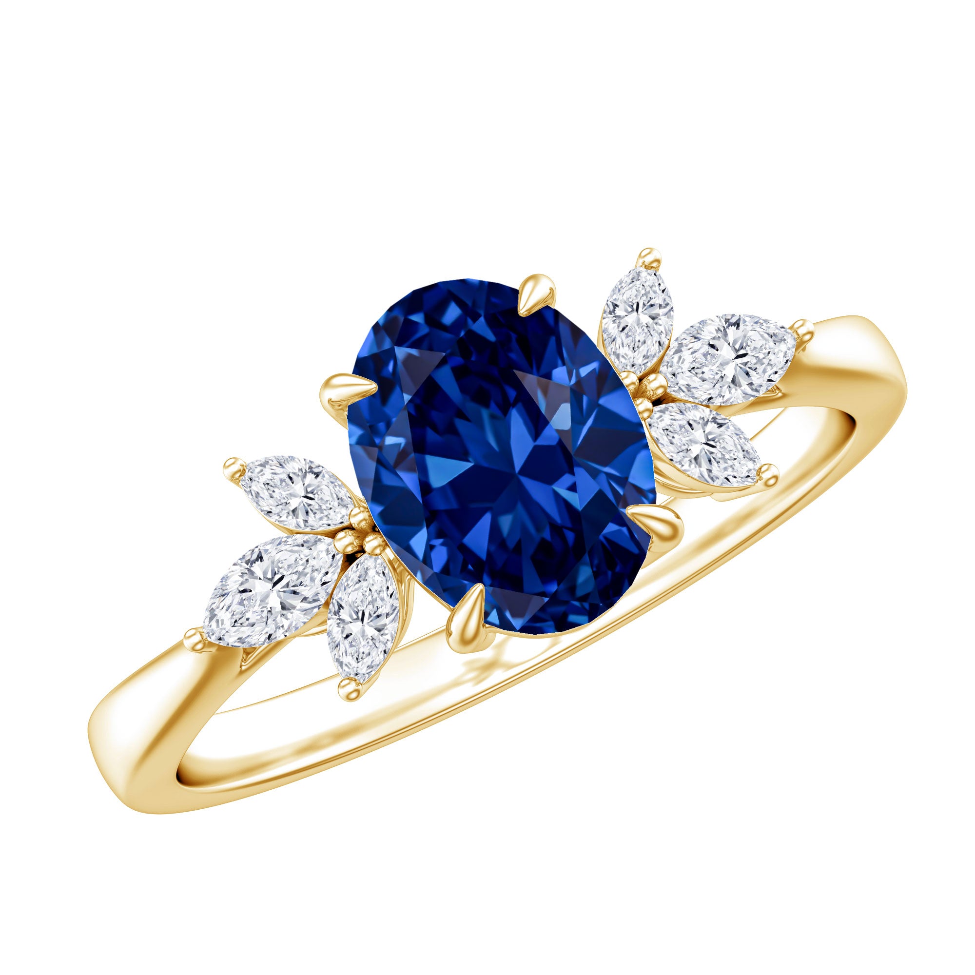 Certified 1.5 Carat Oval Lab Grown Blue Sapphire Engagement Ring with Diamond Trio AAAA - Rosec Jewels