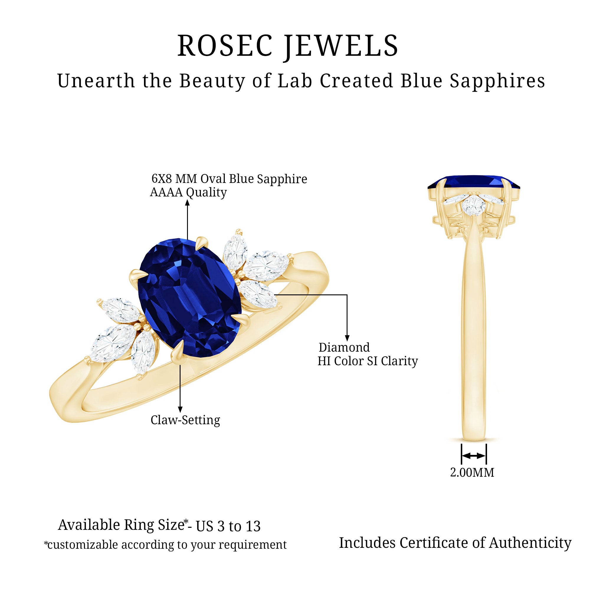 Certified 1.5 Carat Oval Lab Grown Blue Sapphire Engagement Ring with Diamond Trio AAAA - Rosec Jewels