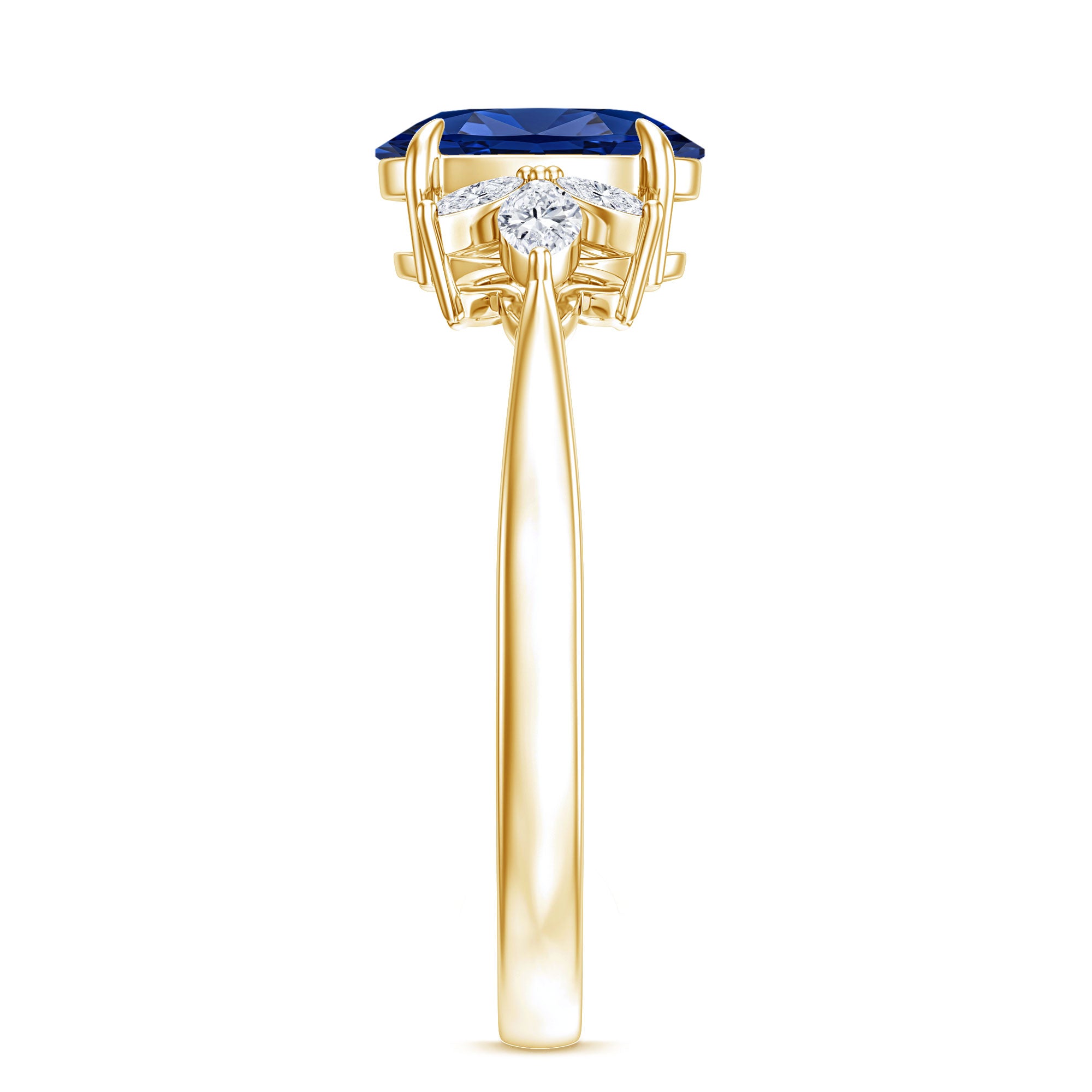 Certified 1.5 Carat Oval Lab Grown Blue Sapphire Engagement Ring with Diamond Trio AAAA - Rosec Jewels