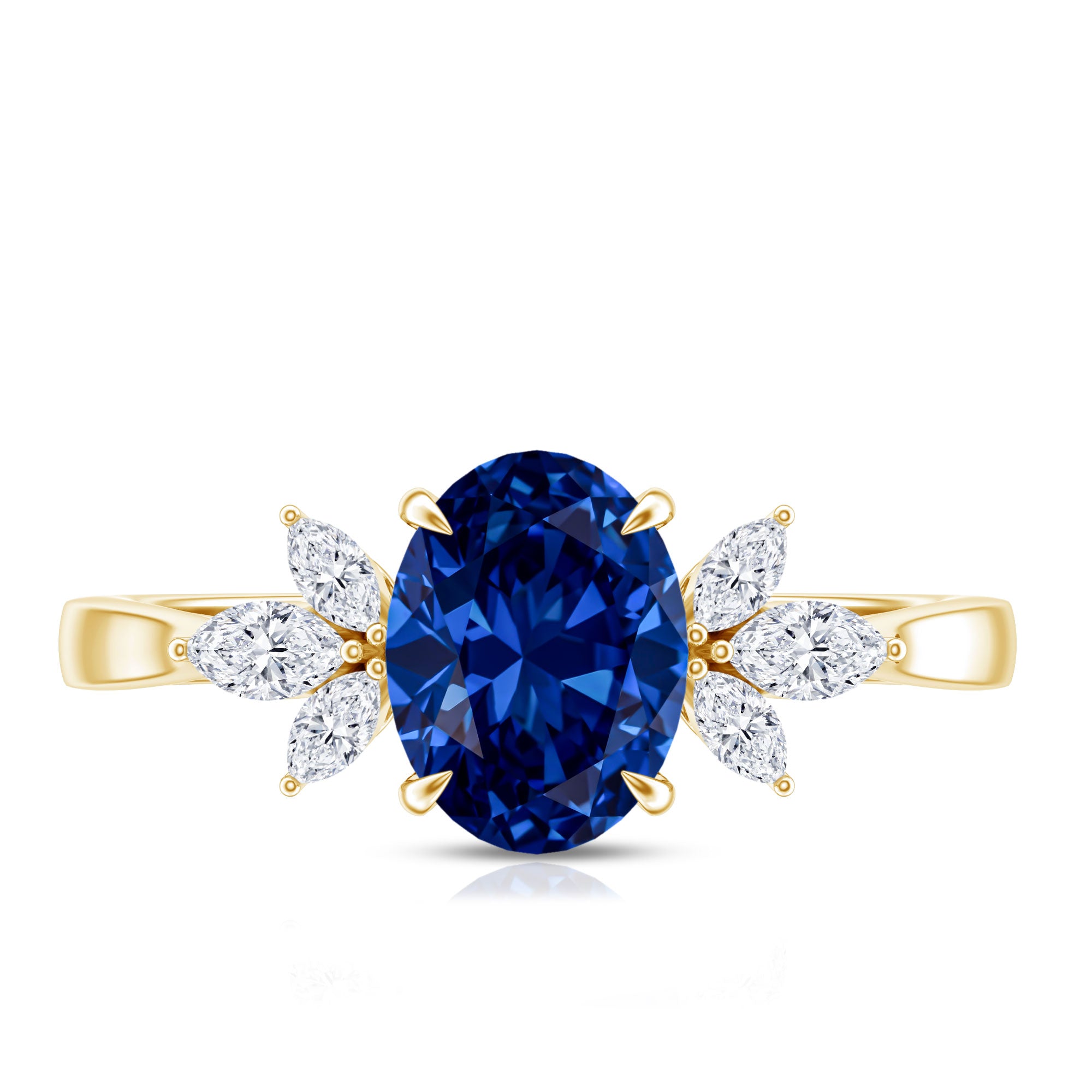 Certified 1.5 Carat Oval Lab Grown Blue Sapphire Engagement Ring with Diamond Trio AAAA - Rosec Jewels