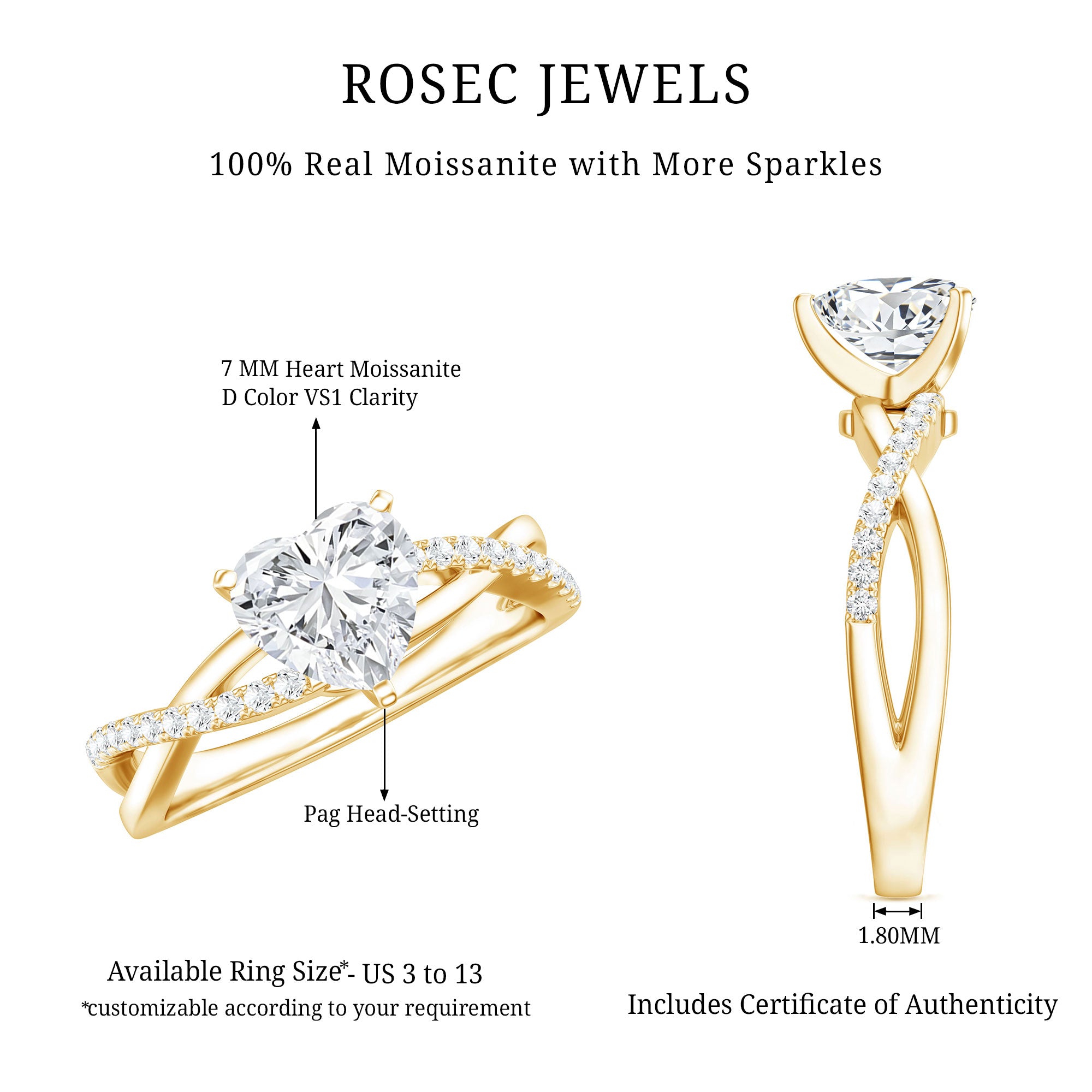 Heart Shape Moissanite Crossover Engagement Ring for Her D-VS1 - Rosec Jewels