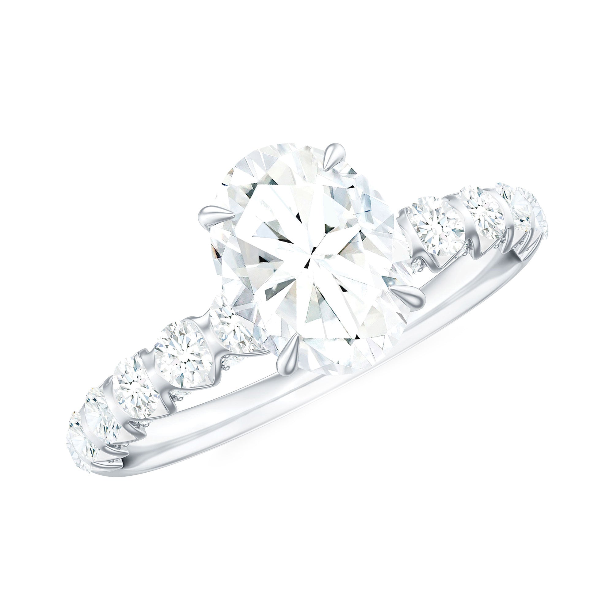 Oval Moissanite Solitaire Engagement Ring with Side Stones