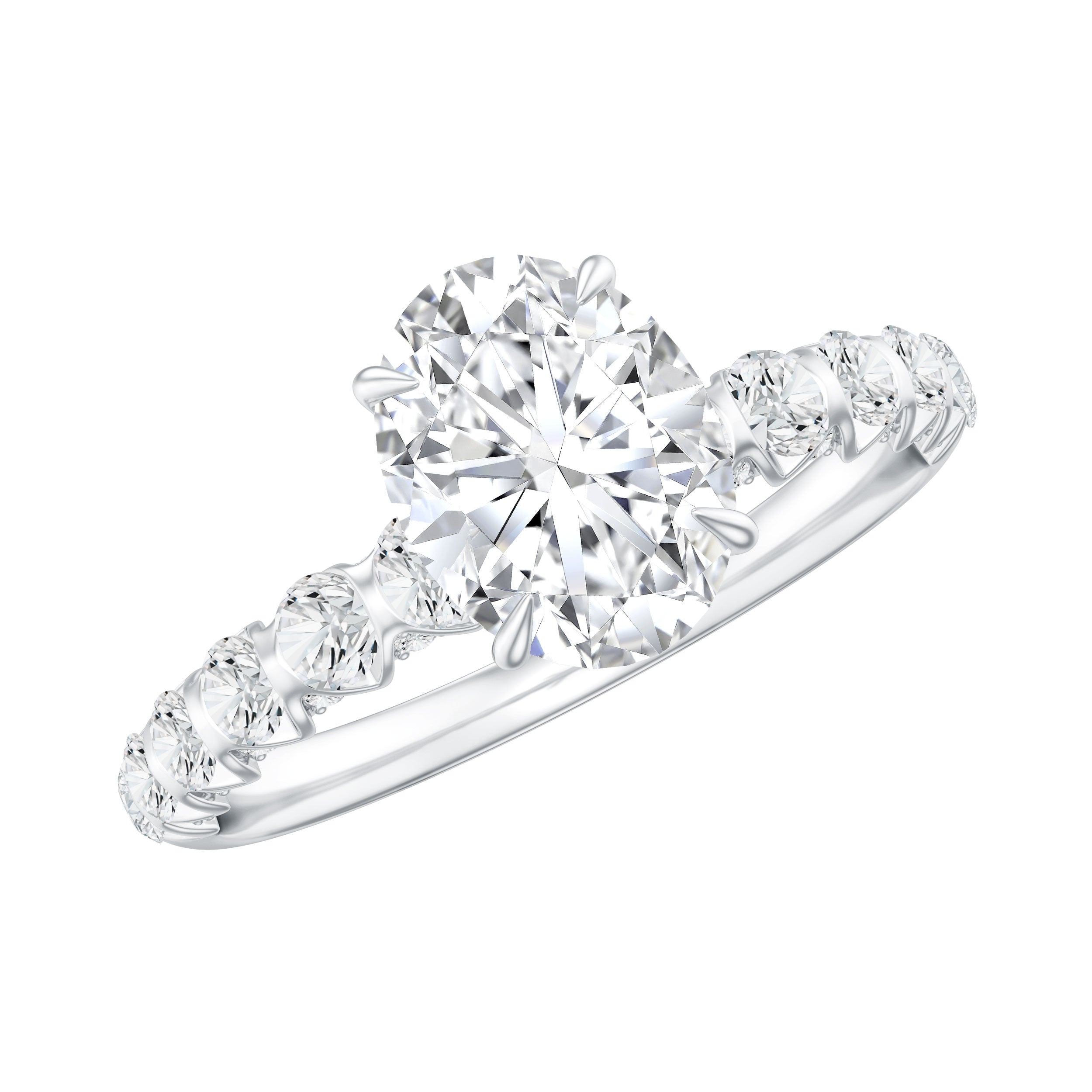 Rosec Jewels-Oval Moissanite Solitaire Engagement Ring with Side Stones