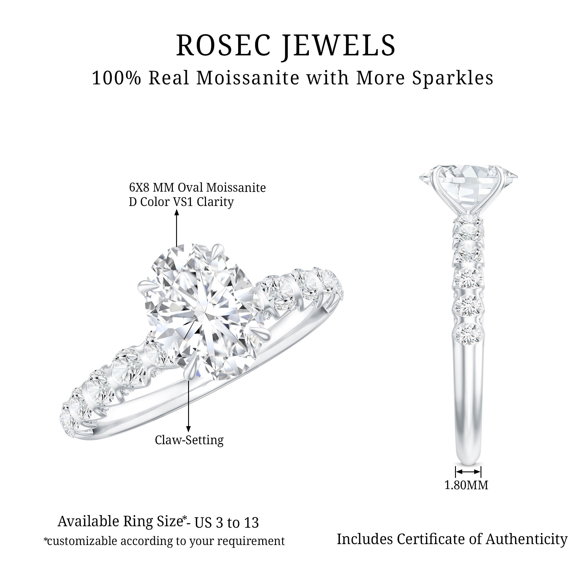 Rosec Jewels-Oval Moissanite Solitaire Engagement Ring with Side Stones