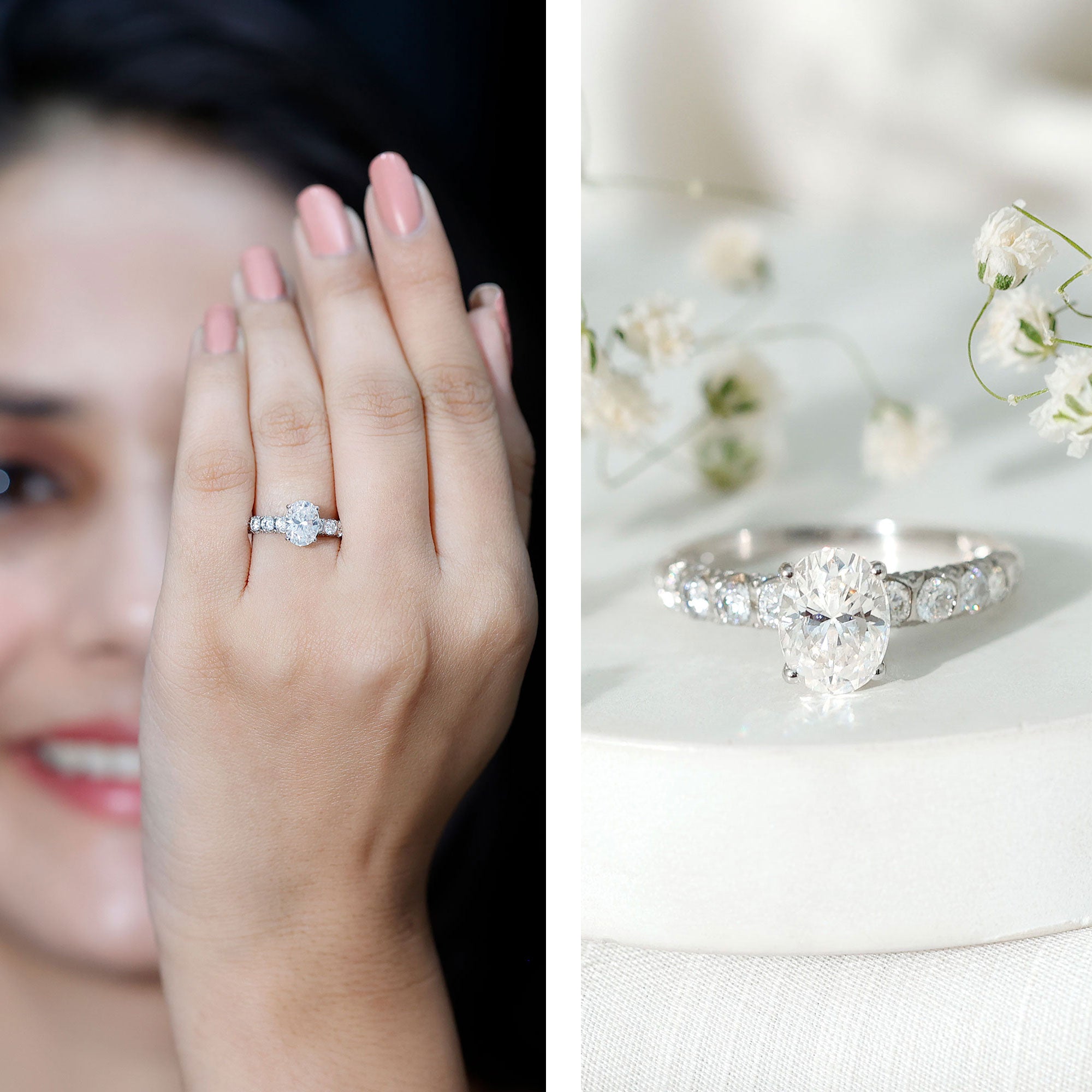 Rosec Jewels-Oval Moissanite Solitaire Engagement Ring with Side Stones
