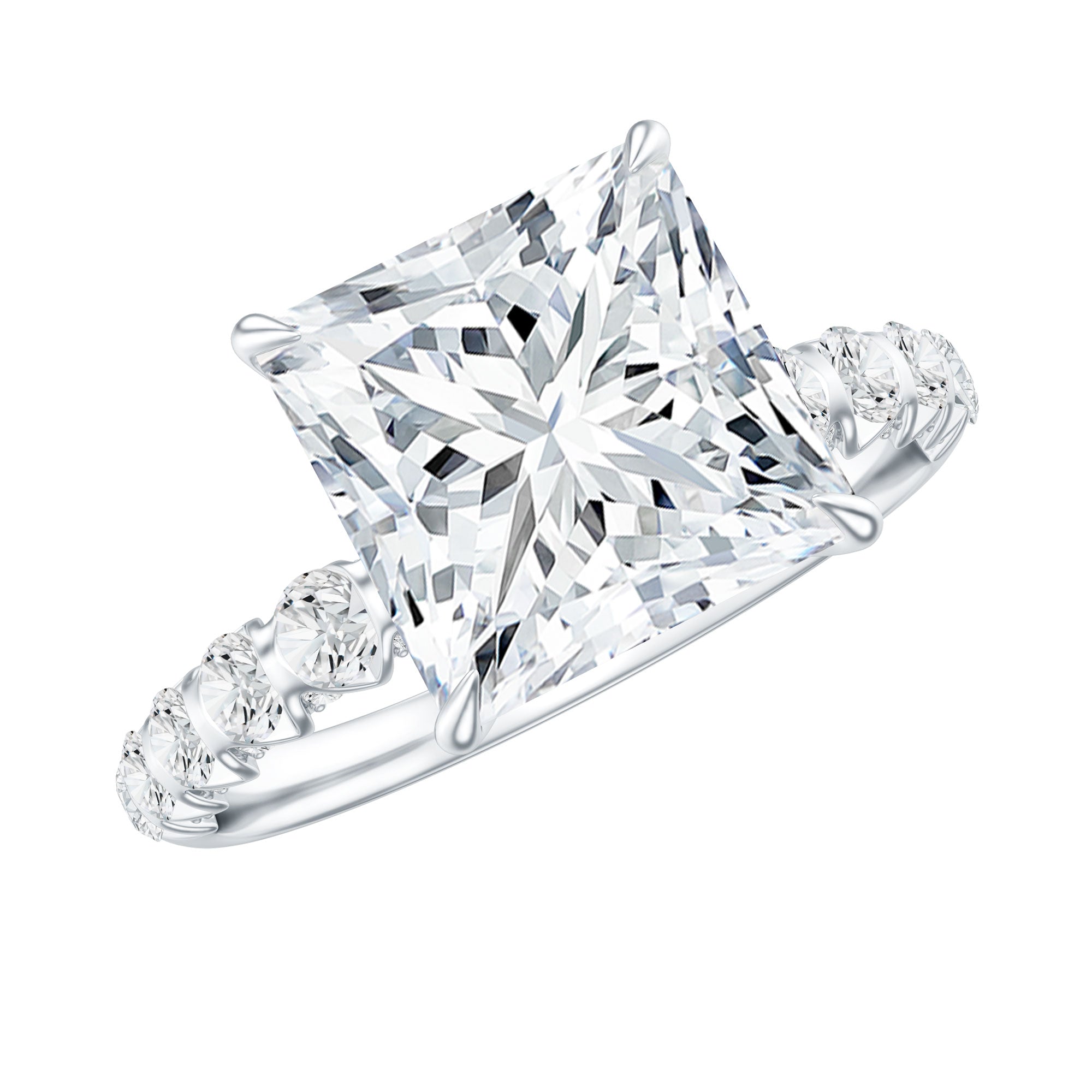 Certified 8 MM Moissanite Princess Cut Engagement Ring with Side Stones